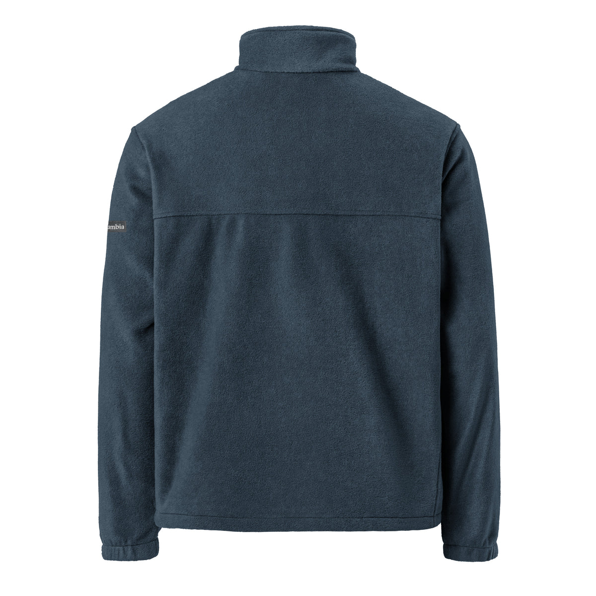 Back view of the Born Twice Columbia fleece jacket in collegiate navy with a plain back and stand-up collar