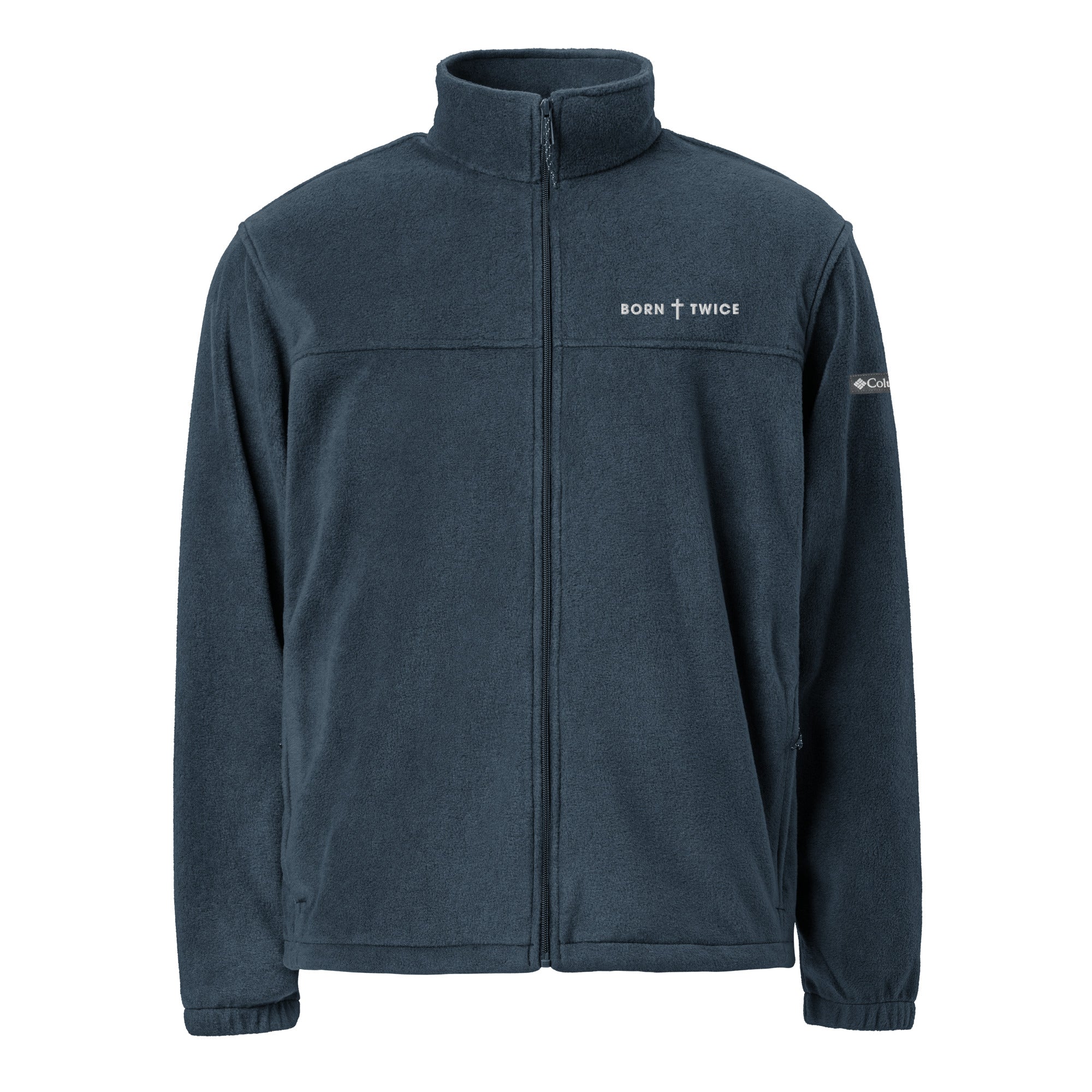 Image of Born Twice embroidered Columbia fleece jacket in collegiate navy, front view with the BORN TWICE cross wordmark on the left chest