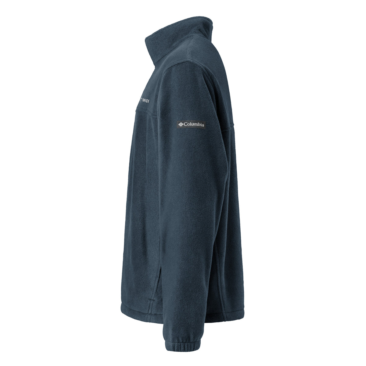 Left side view of the Born Twice Columbia fleece jacket in collegiate navy showing the Columbia logo on the sleeve