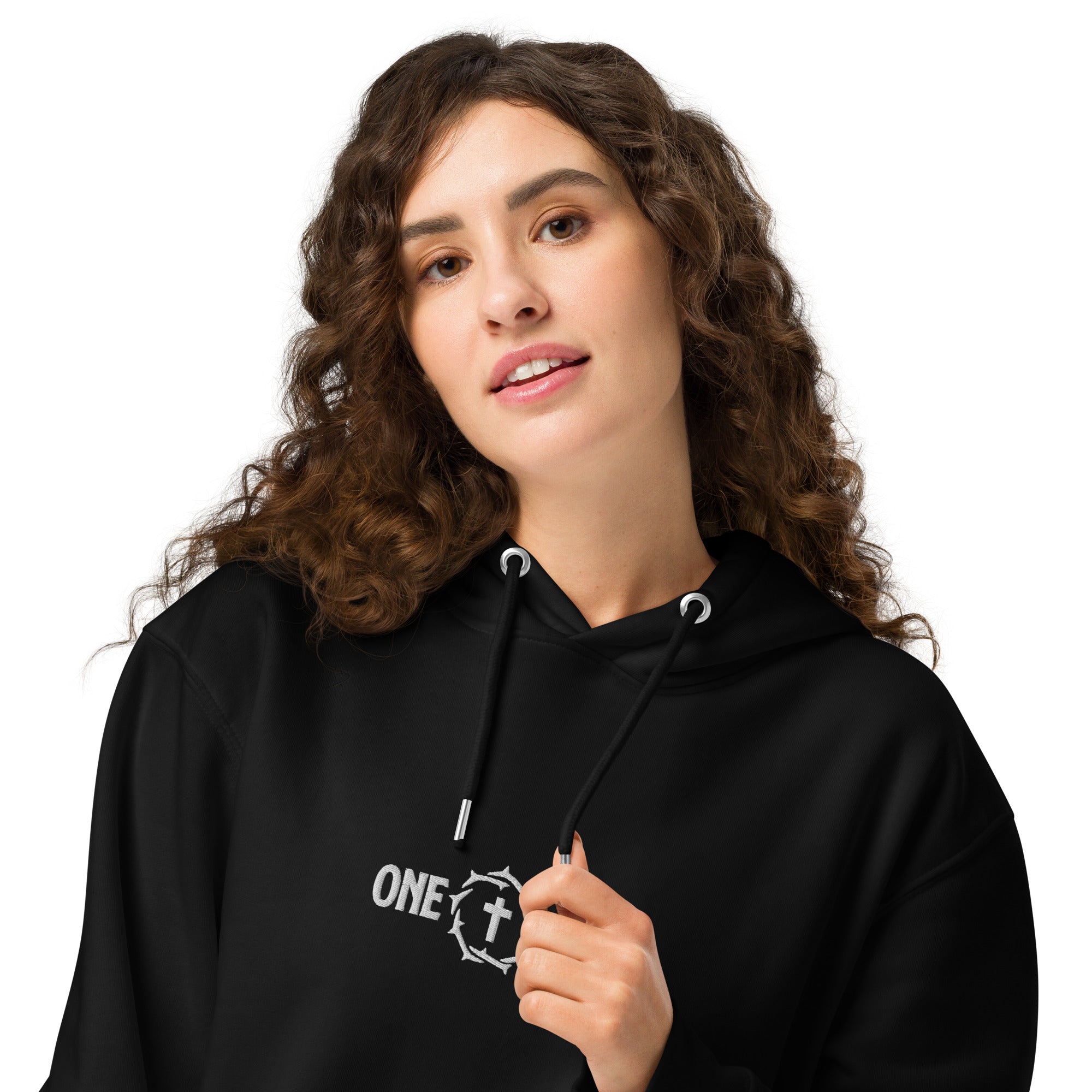 Image of Close-up of a woman wearing the One Way embroidered essential hoodie in black, embroidered design at the chest