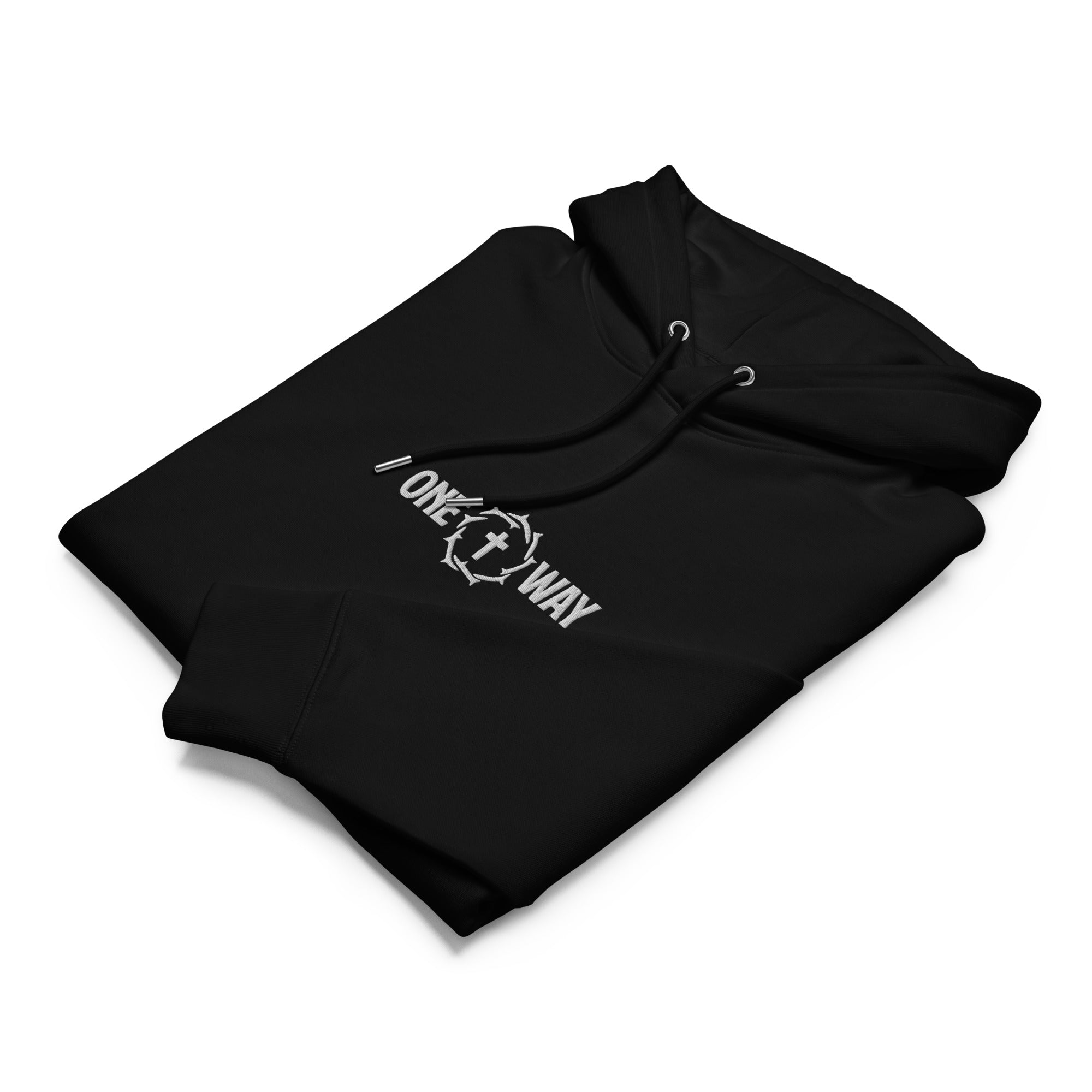Image of Folded One Way embroidered essential hoodie in black showing the cross and crown of thorns design
