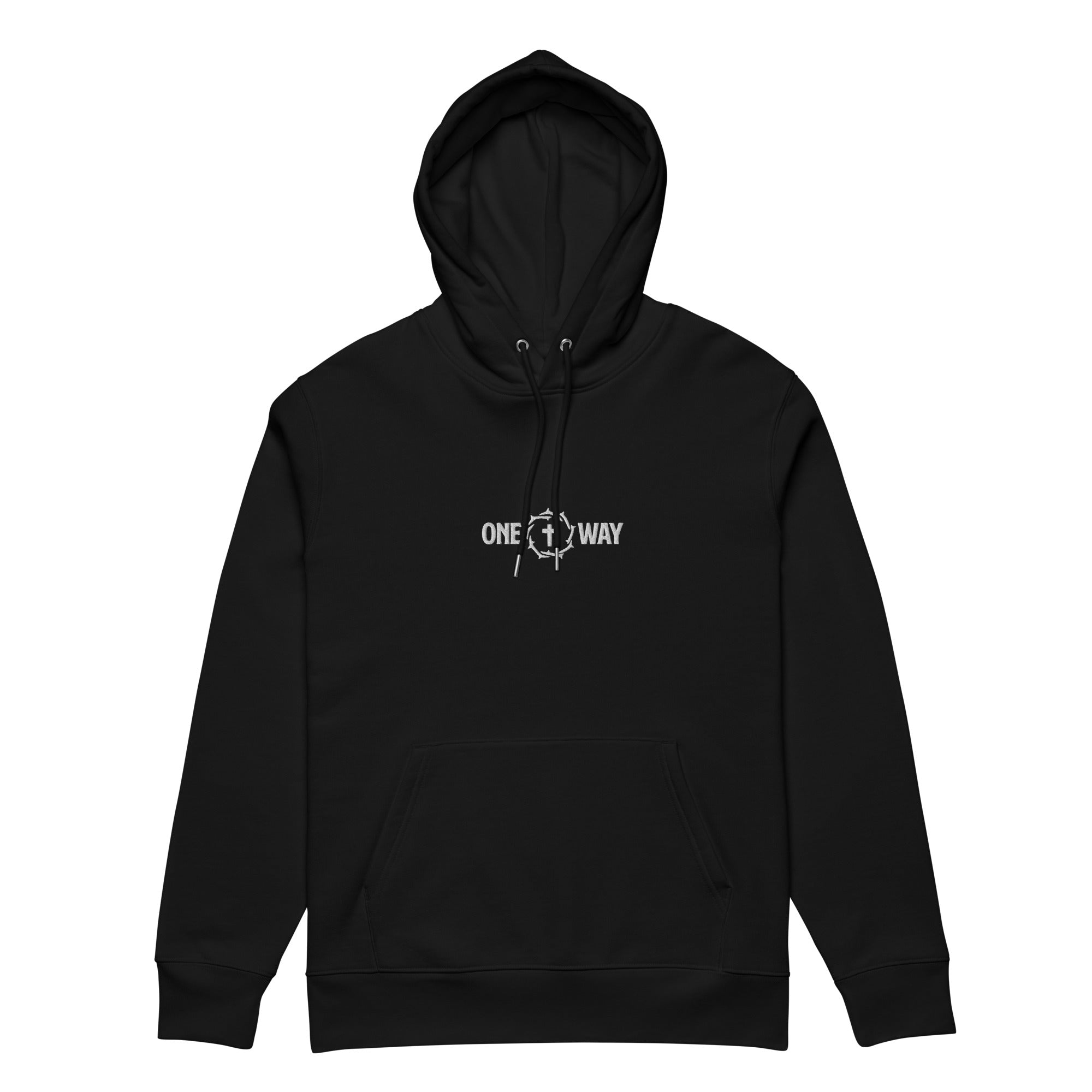 Image of One Way embroidered essential hoodie in black, showing the cross and crown of thorns design, front view with the hood up