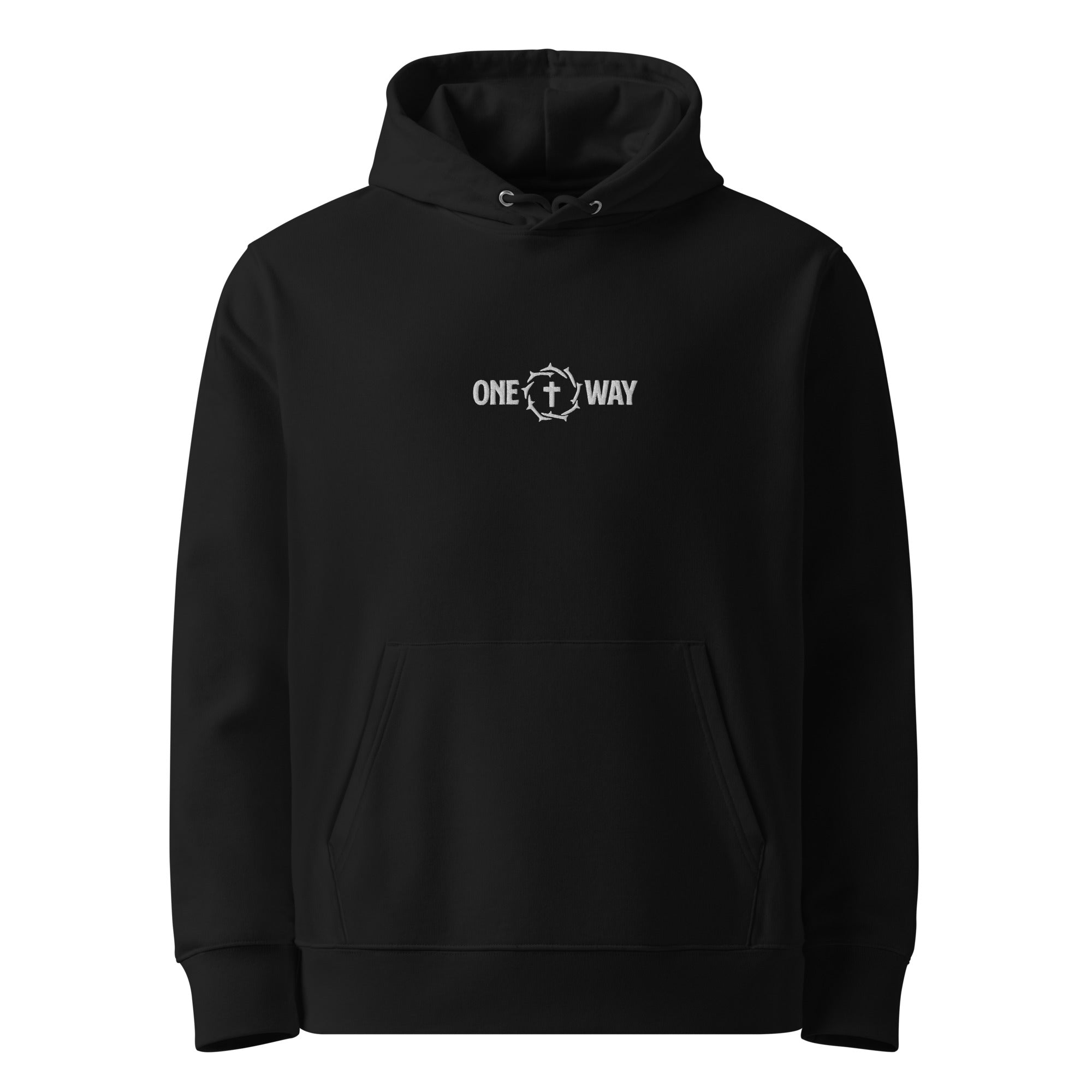 Image of One Way embroidered essential hoodie in black with cross and crown of thorns design, front view