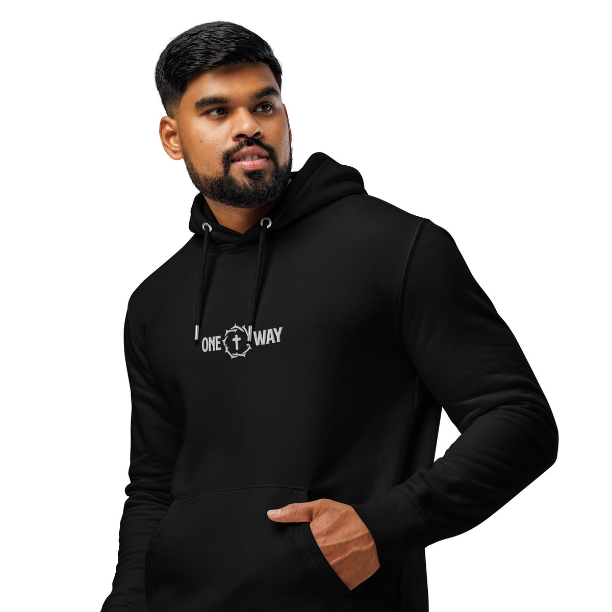 Man wearing the One Way embroidered essential hoodie in black with cross and crown of thorns design