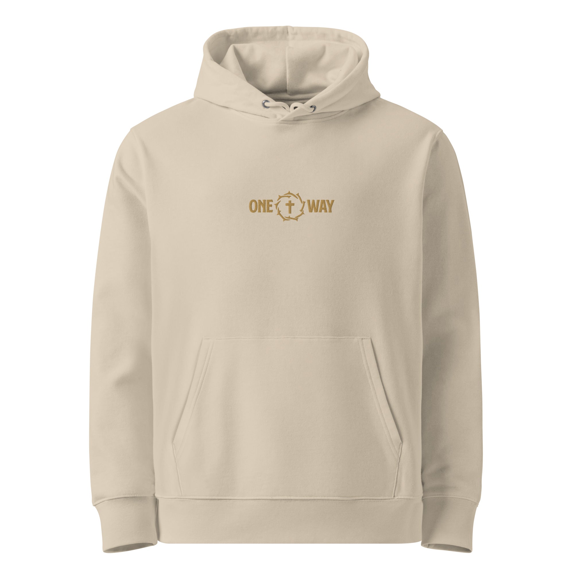Image of One Way embroidered essential hoodie in desert dust with cross and crown of thorns design, front view