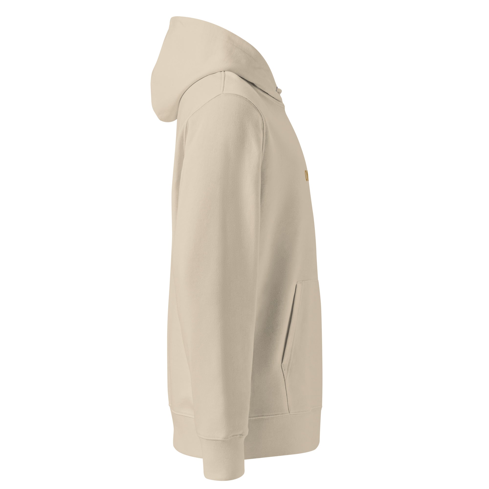Image of One Way embroidered essential hoodie in desert dust, side view