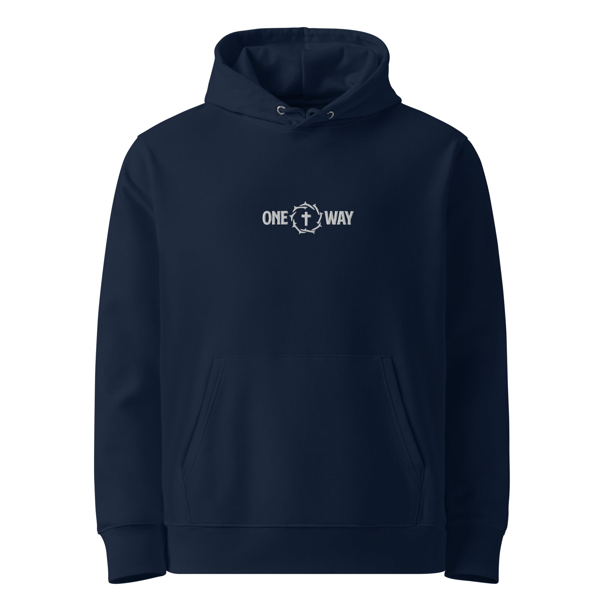 Image of One Way embroidered essential hoodie in French navy with cross and crown of thorns design, front view