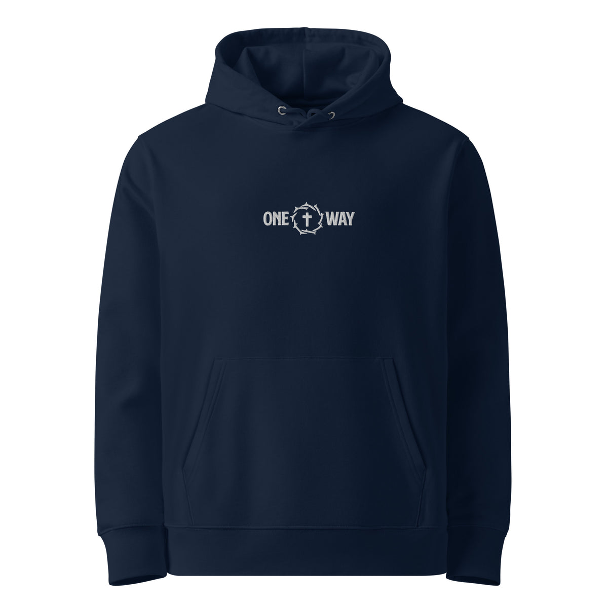 One Way embroidered essential hoodie in French navy with cross and crown of thorns design, front view