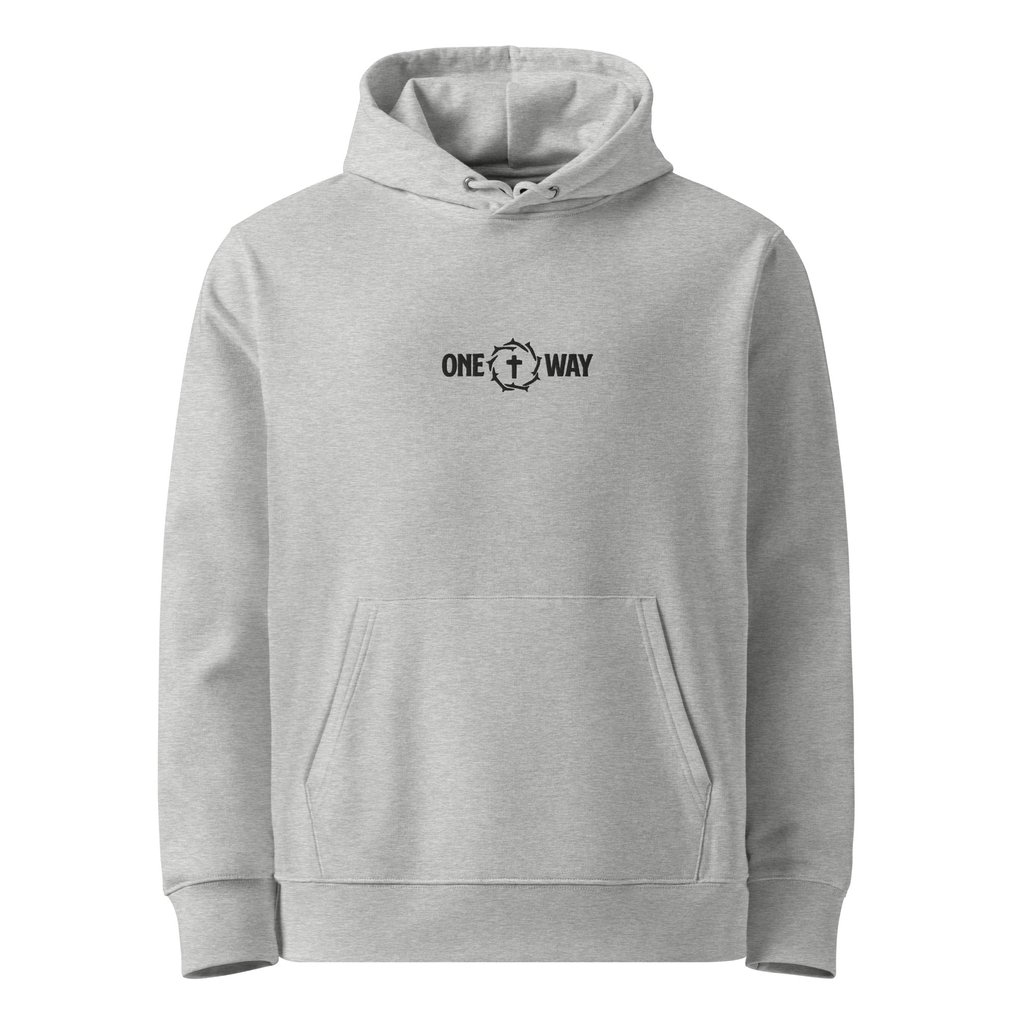 Image of One Way embroidered essential hoodie in heather grey with cross and crown of thorns design, front view