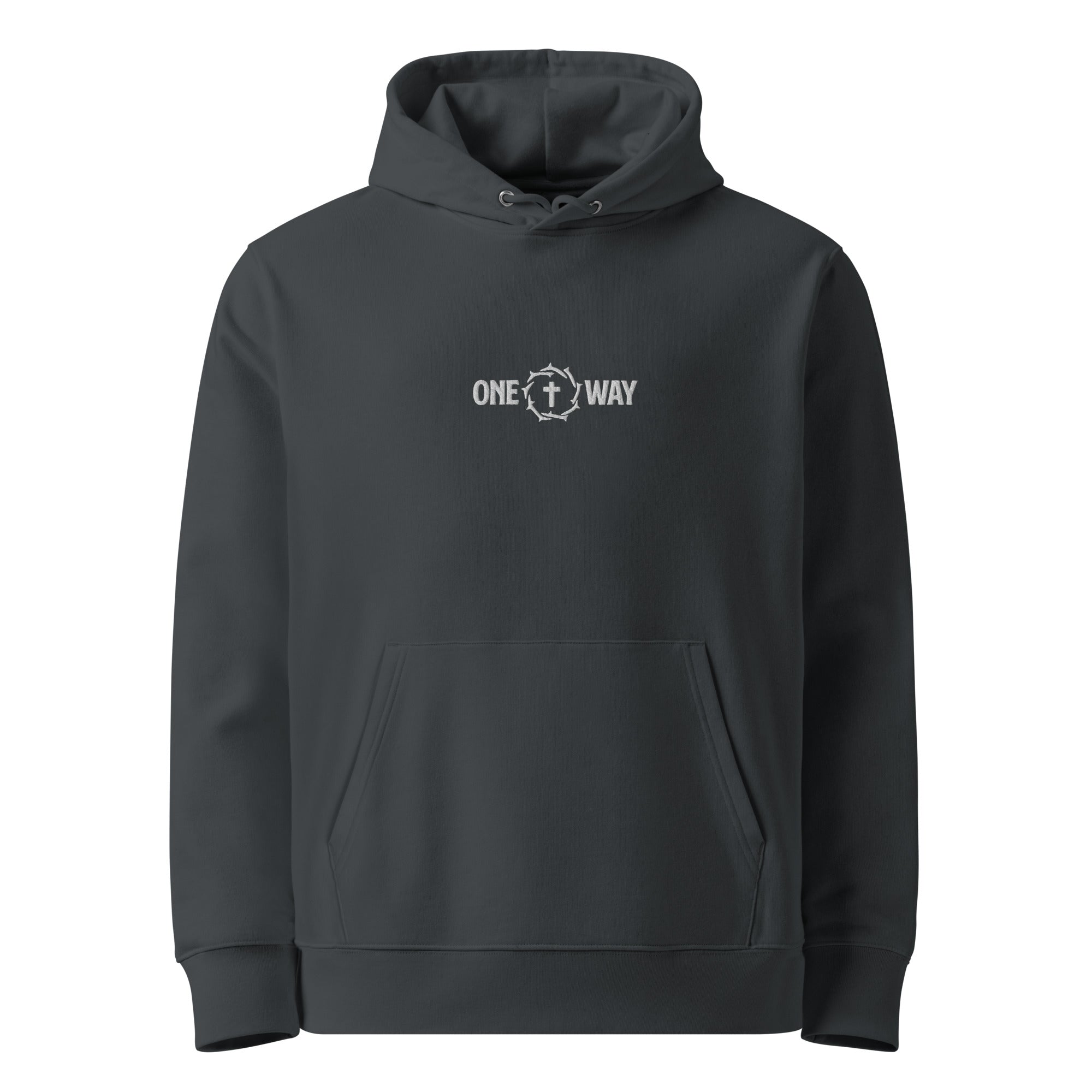 Image of One Way embroidered essential hoodie in India ink grey with cross and crown of thorns design, front view
