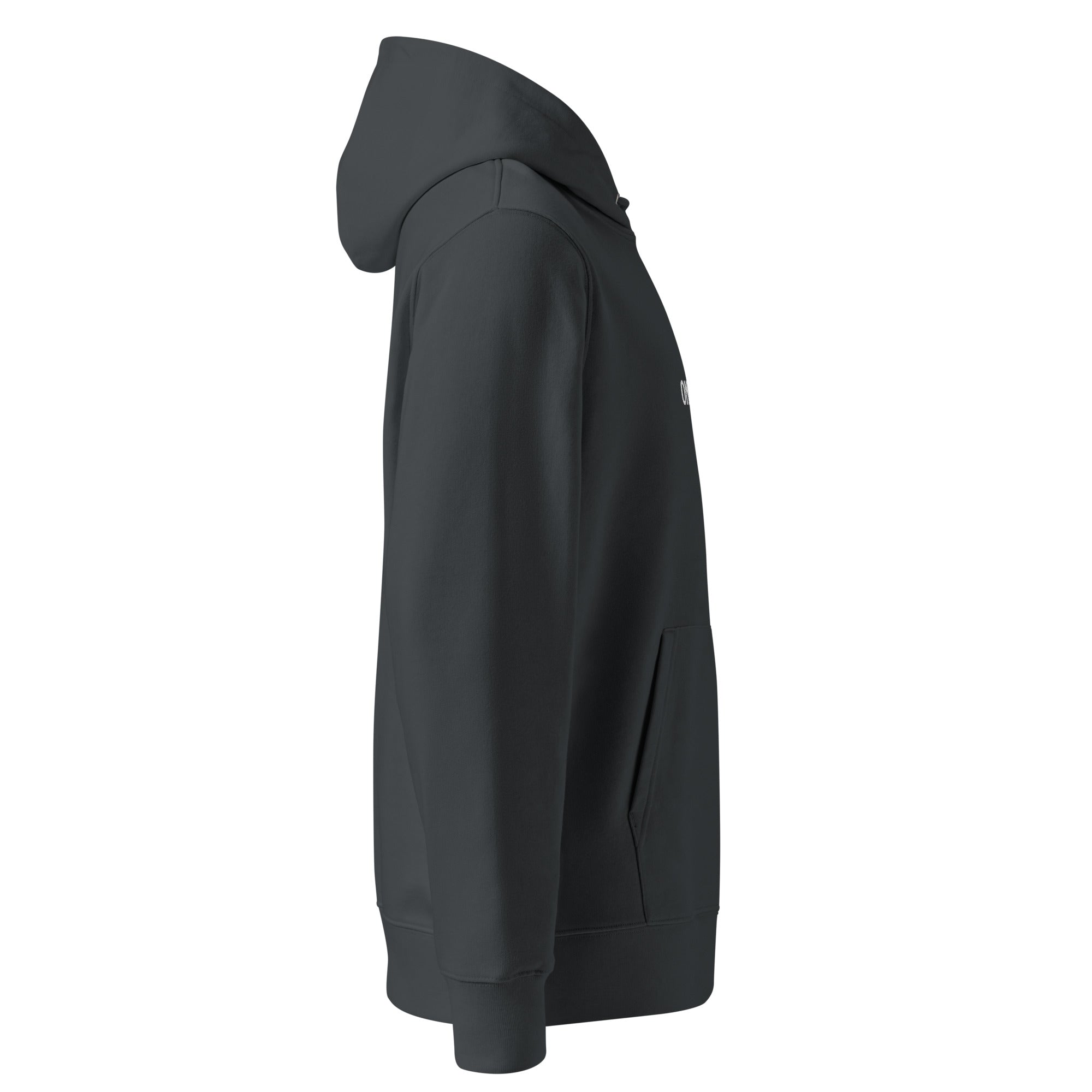 Image of One Way embroidered essential hoodie in India ink grey, side view