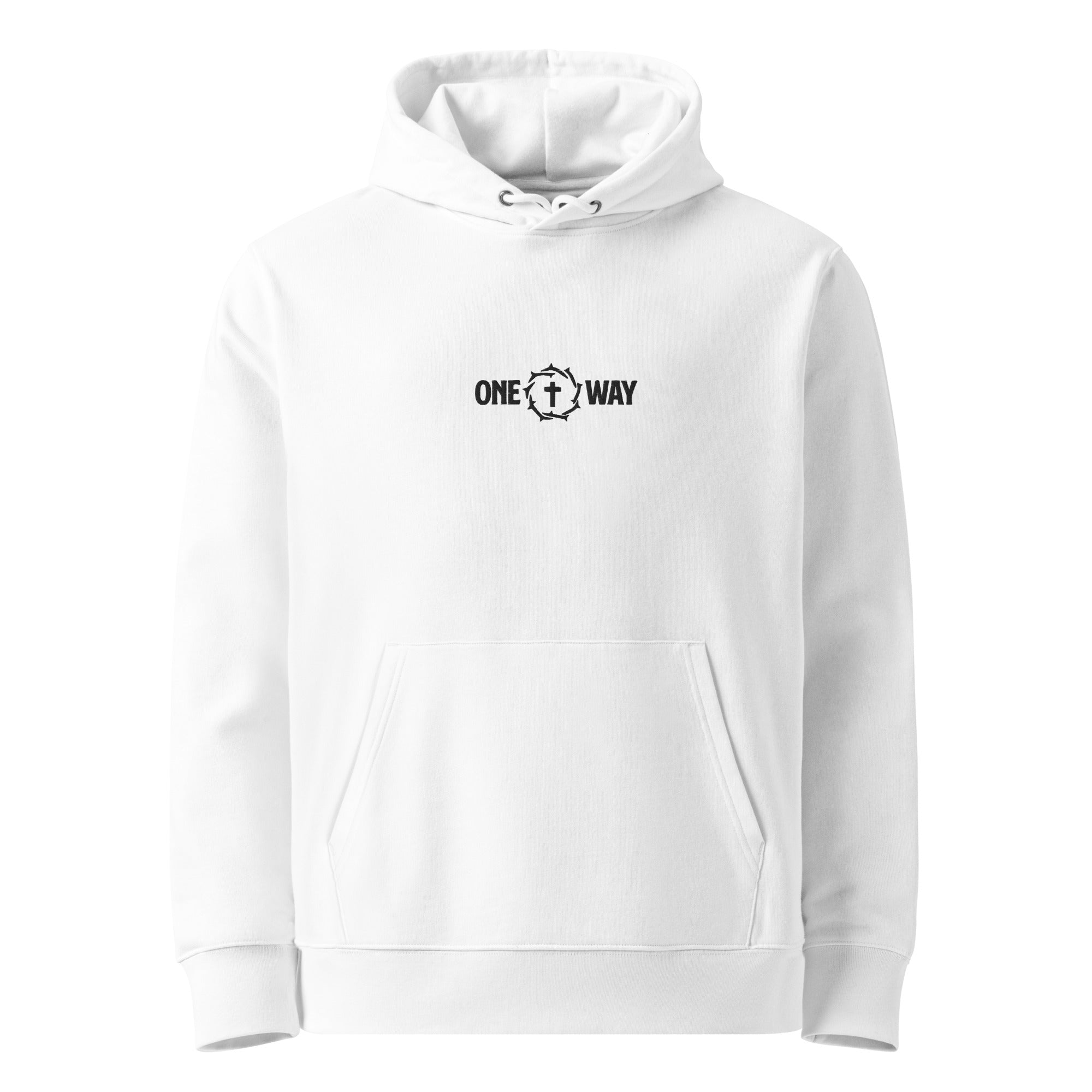 Image of One Way embroidered essential hoodie in white with cross and crown of thorns design, front view