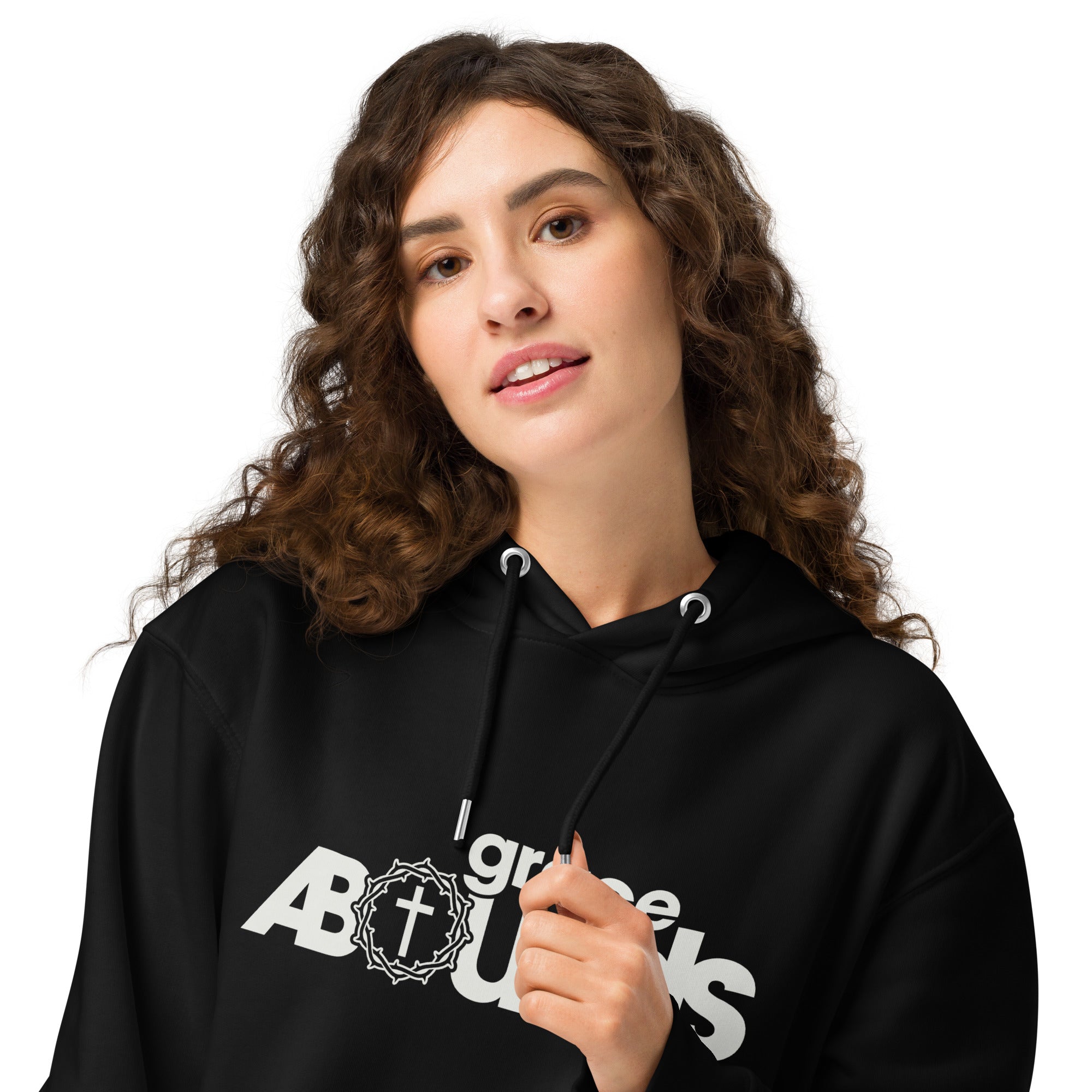 Image of Grace Abounds Christian hoodie black front detail view — Entrusted to Him