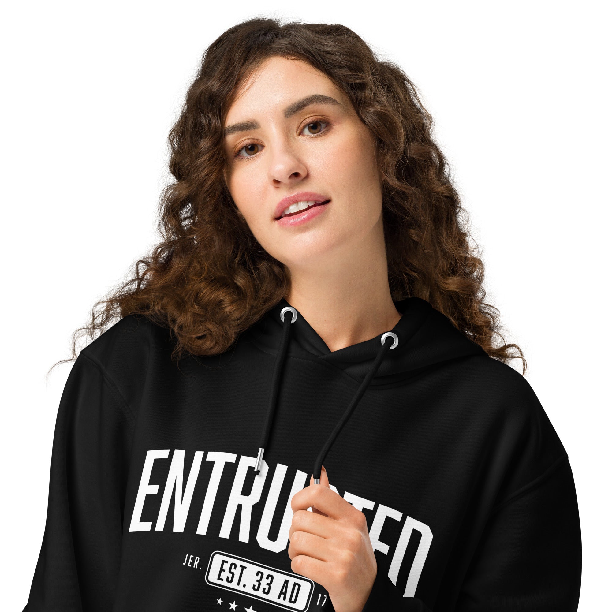 Image of Entrusted Est. 33AD Christian hoodie black front detail view — Entrusted to Him