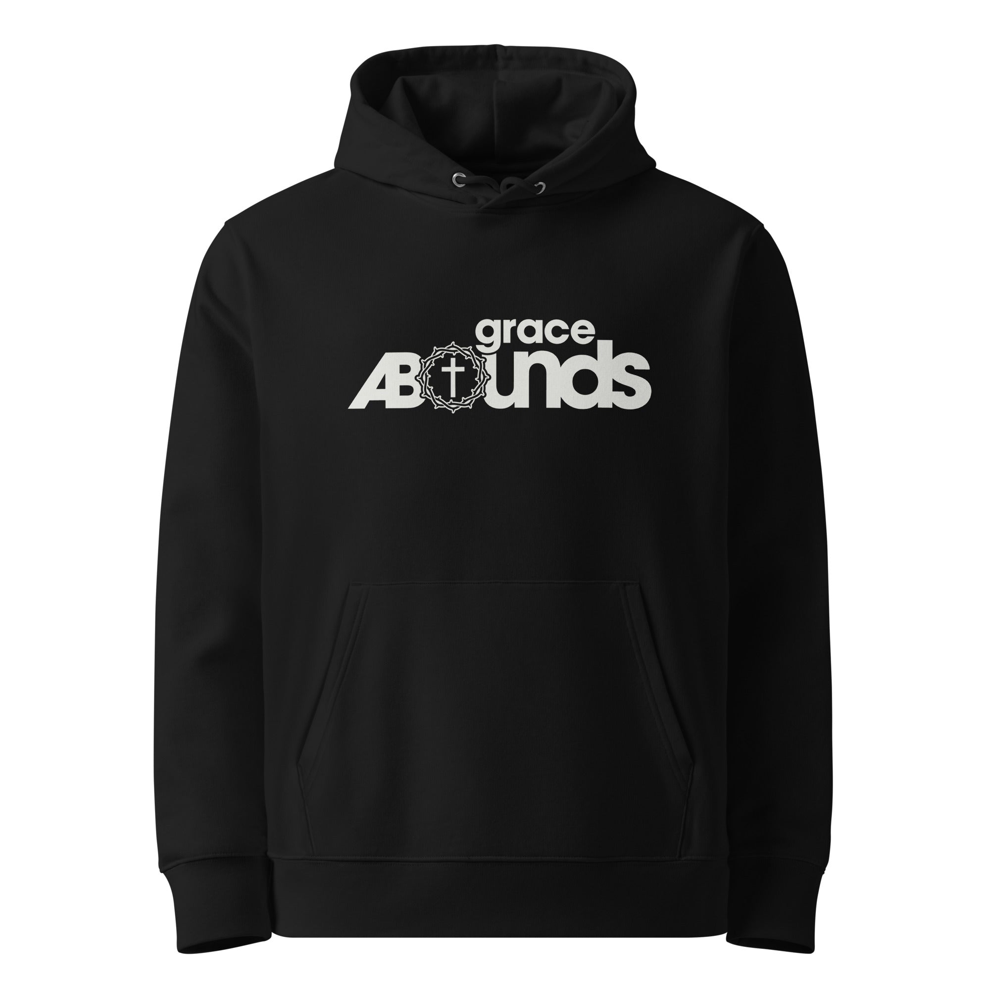 Image of Grace Abounds Christian hoodie black front view — Entrusted to Him