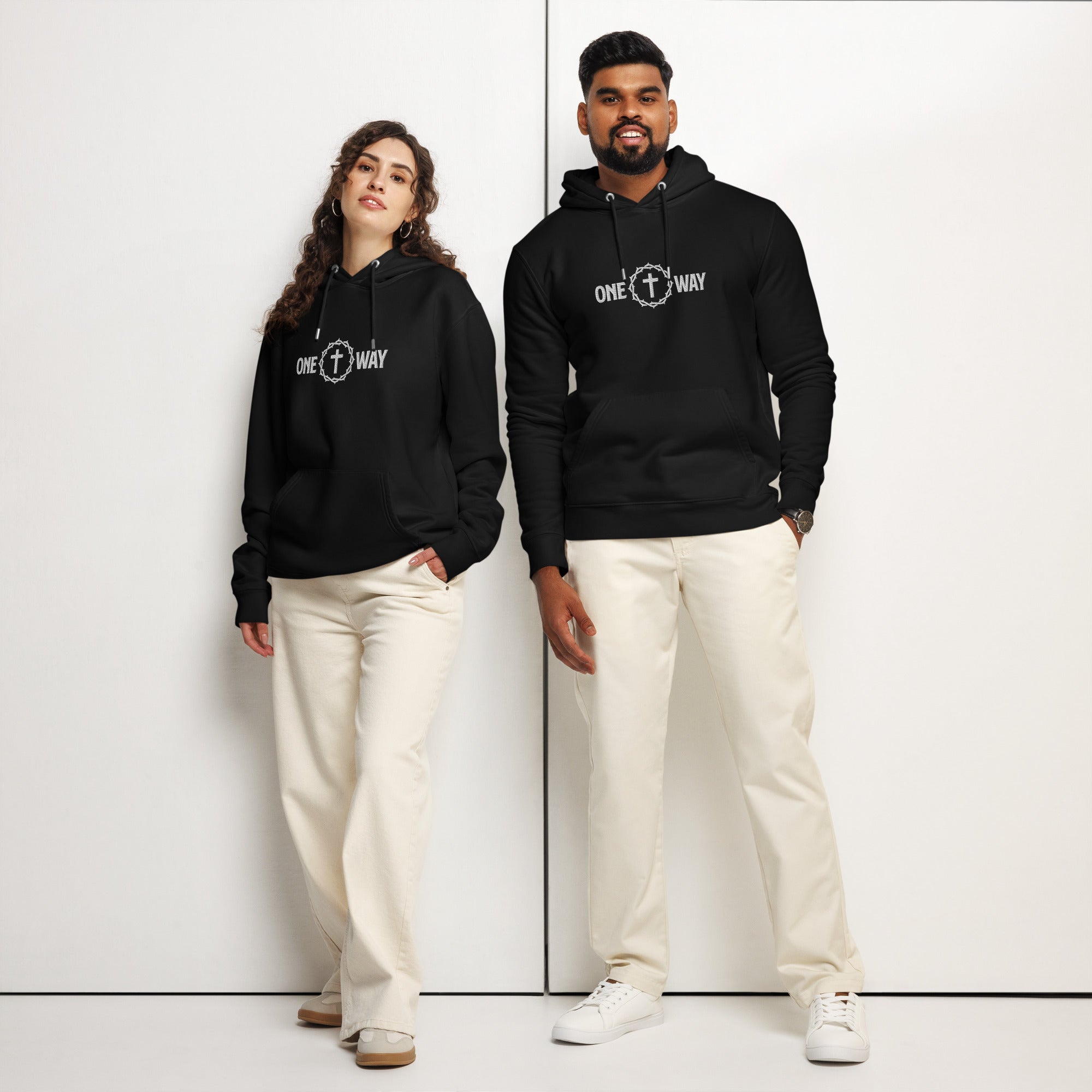 Image of One Way Christian hoodie black front lifestyle view — Entrusted to Him