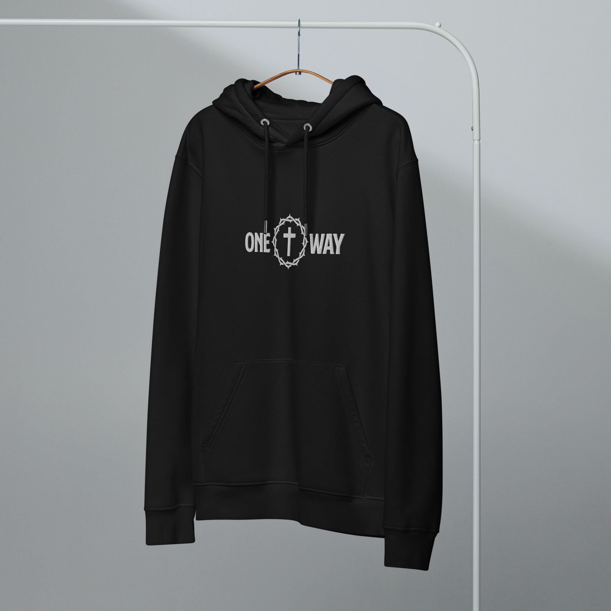 Image of One Way Christian hoodie black front alternate view — Entrusted to Him