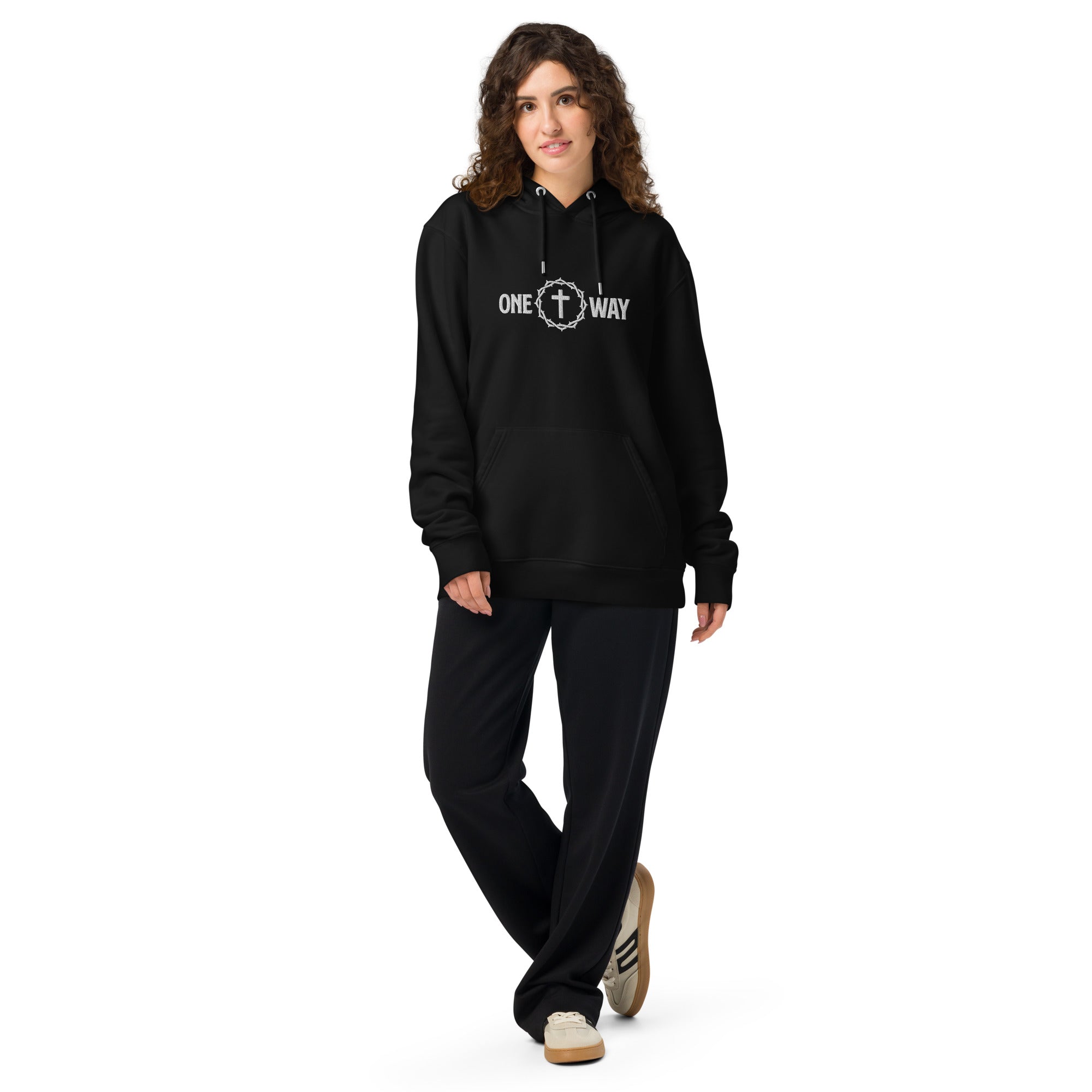 Image of One Way Christian hoodie black front graphic view — Entrusted to Him