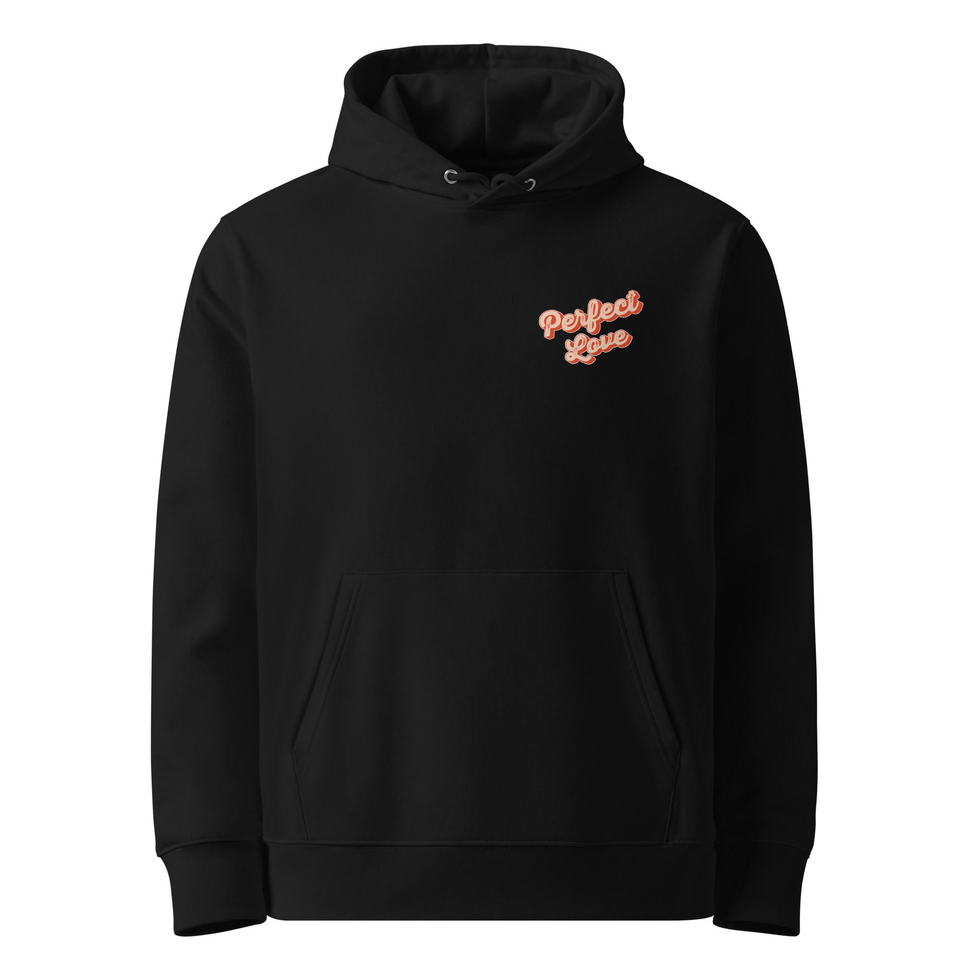 Image of Perfect Love Christian hoodie black front view — Entrusted to Him