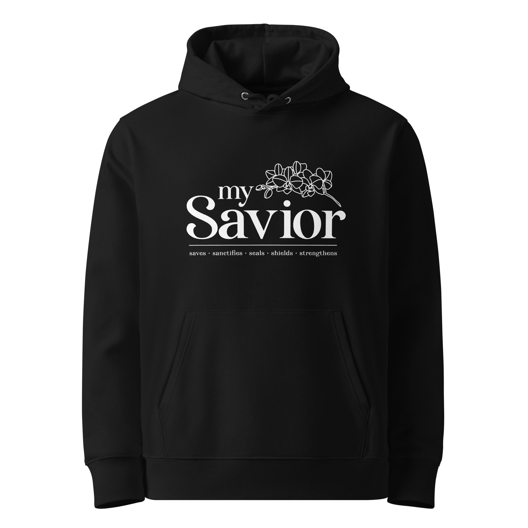 Image of My Savior women's Christian hoodie black front view — Entrusted to Him