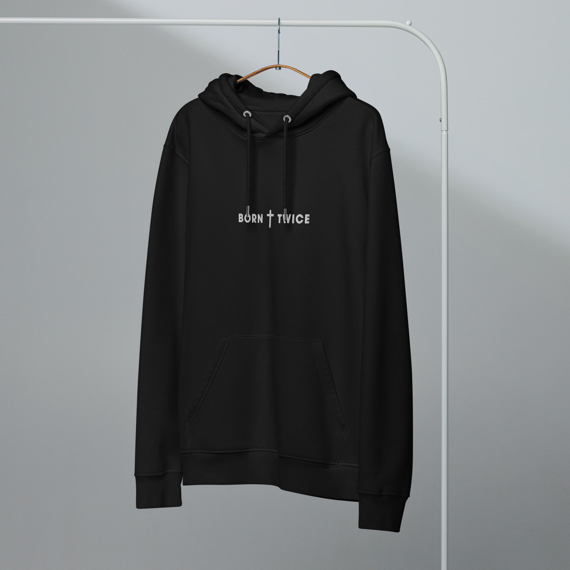 Image of Born Twice Christian hoodie black front close-up — Entrusted to Him