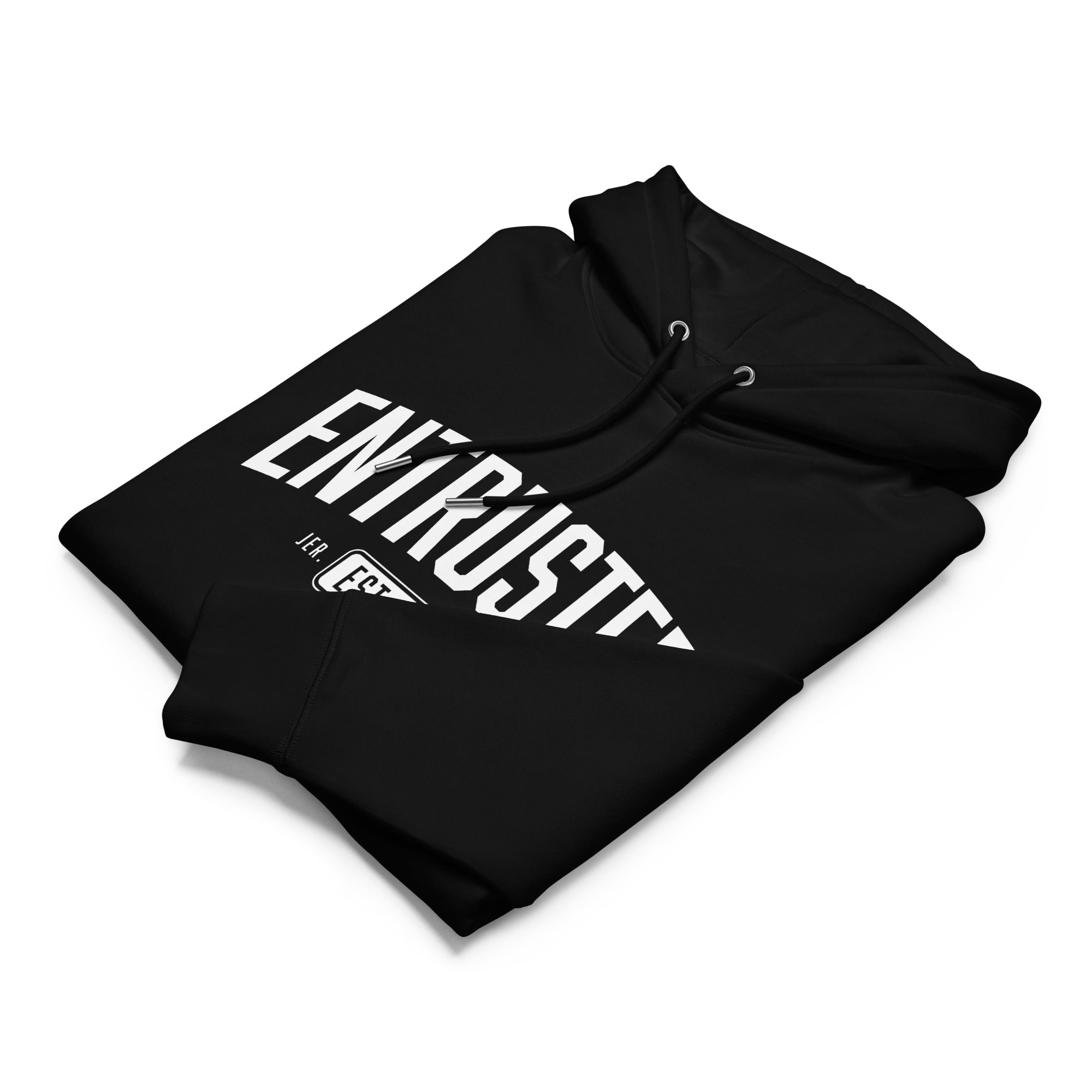 Image of Entrusted Est. 33AD Christian hoodie black front lifestyle view — Entrusted to Him