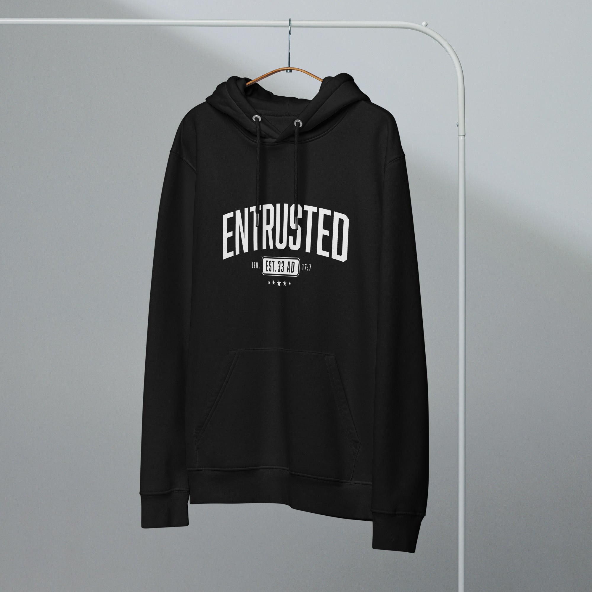 Image of Entrusted Est. 33AD Christian hoodie black front alternate view — Entrusted to Him