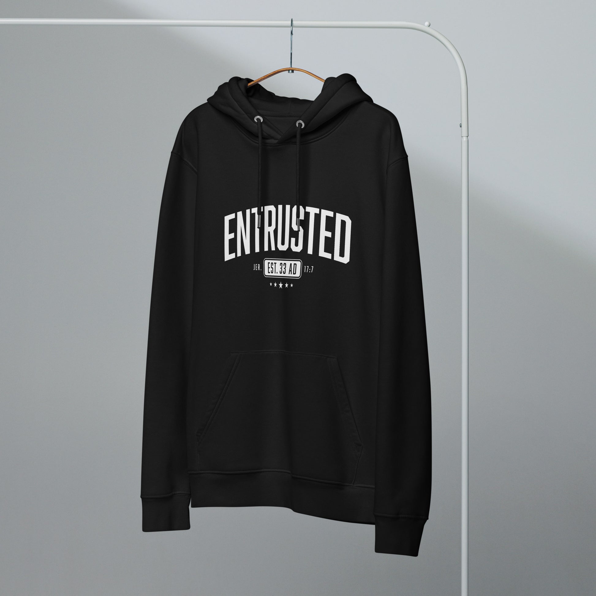 Entrusted Est. 33AD Christian hoodie black front alternate view — Entrusted to Him