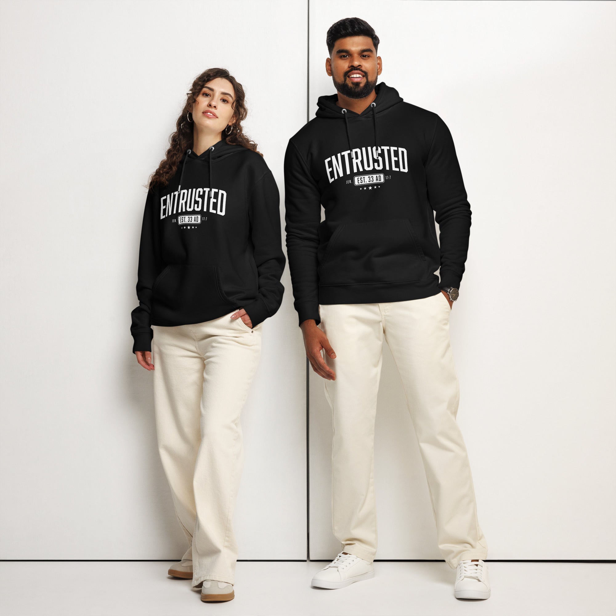 Image of Entrusted Est. 33AD Christian hoodie black front close-up — Entrusted to Him