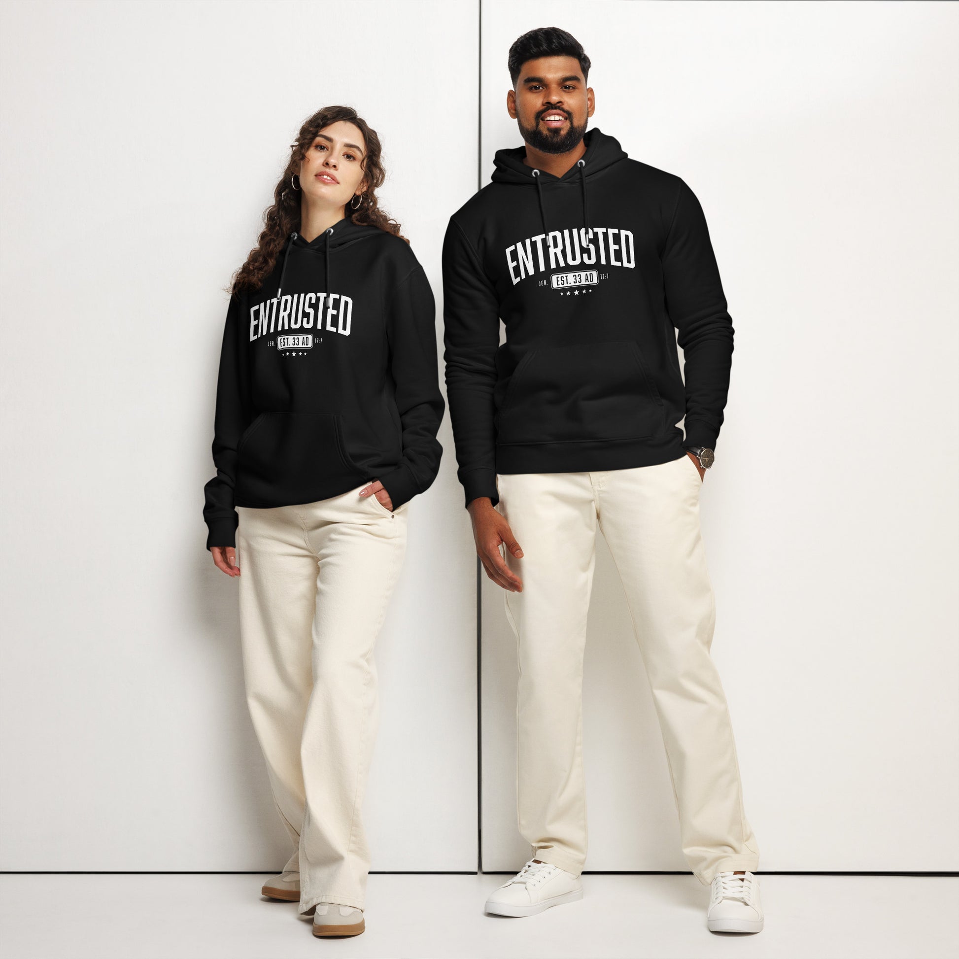 Entrusted Est. 33AD Christian hoodie black front close-up — Entrusted to Him