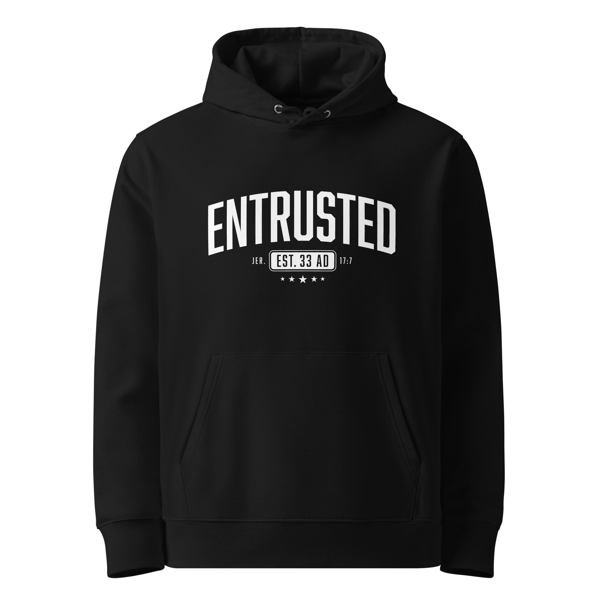 Entrusted Est. 33AD Christian hoodie black front view — Entrusted to Him