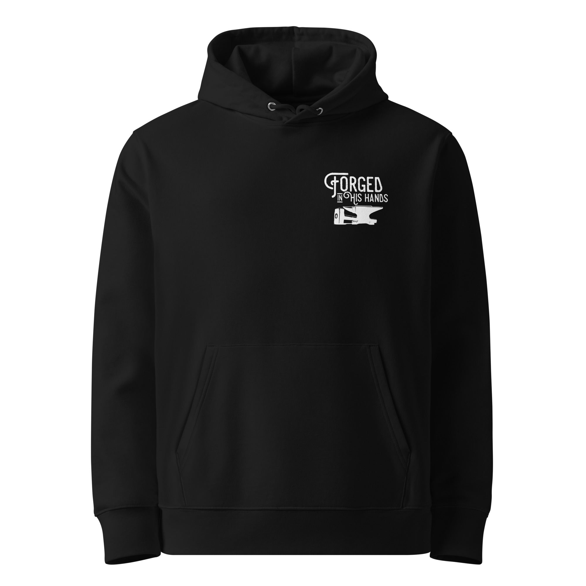 Image of Forged in His Hands God hoodie black front — Entrusted to Him