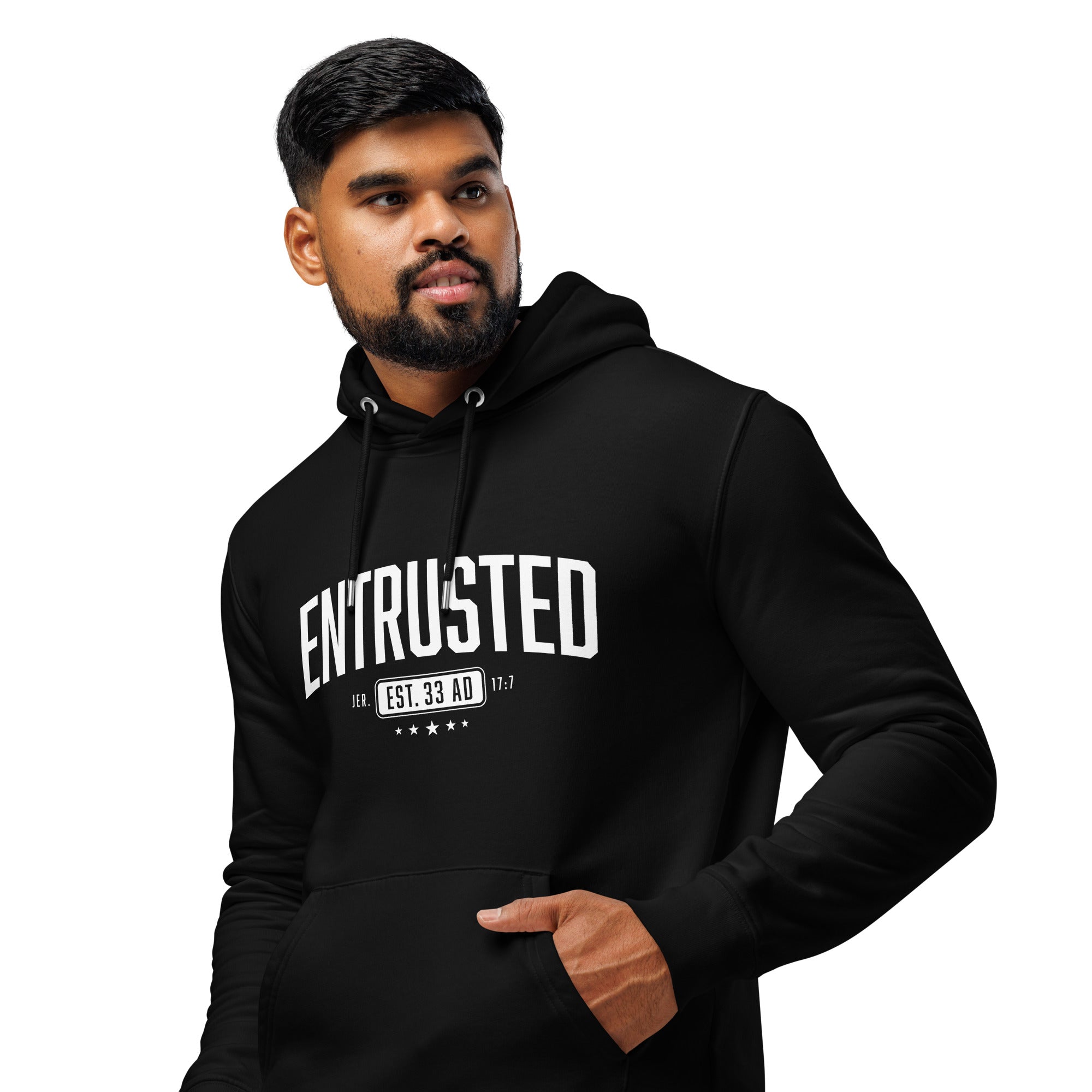 Image of Entrusted Est. 33AD Christian hoodie black left front view — Entrusted to Him