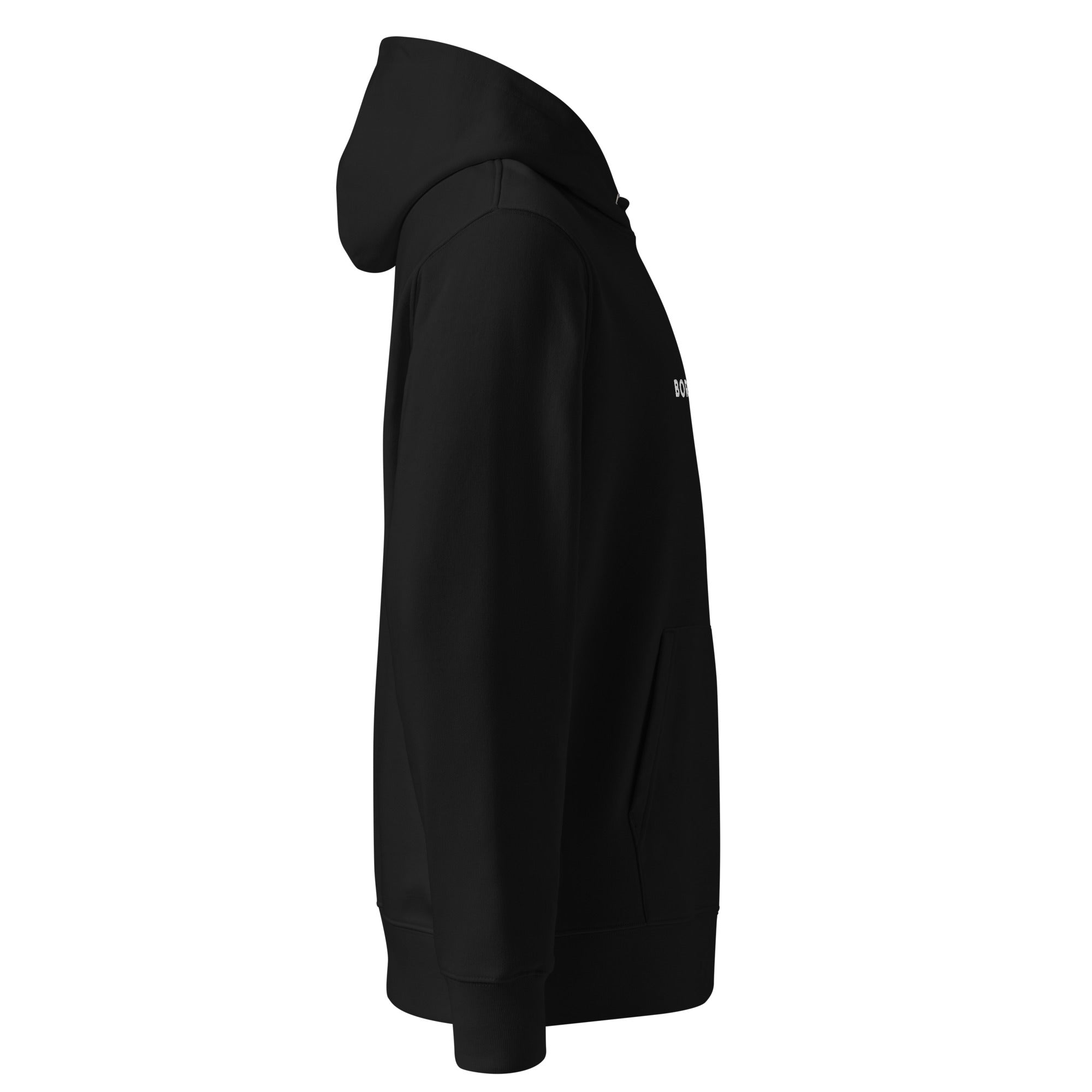 Image of Born Twice organic Christian hoodie black side view — Entrusted to Him
