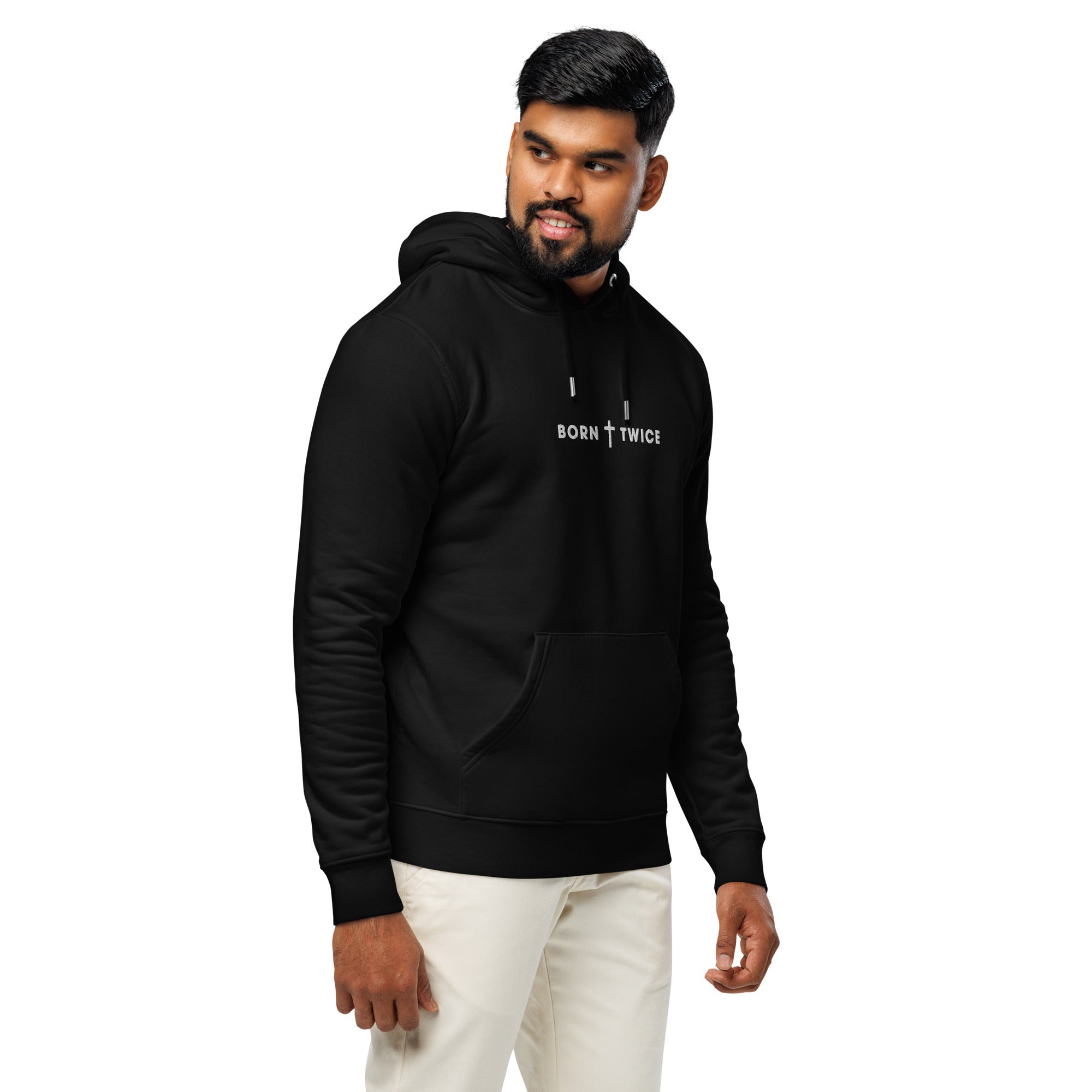 Image of Born Twice Christian hoodie black right front view — Entrusted to Him