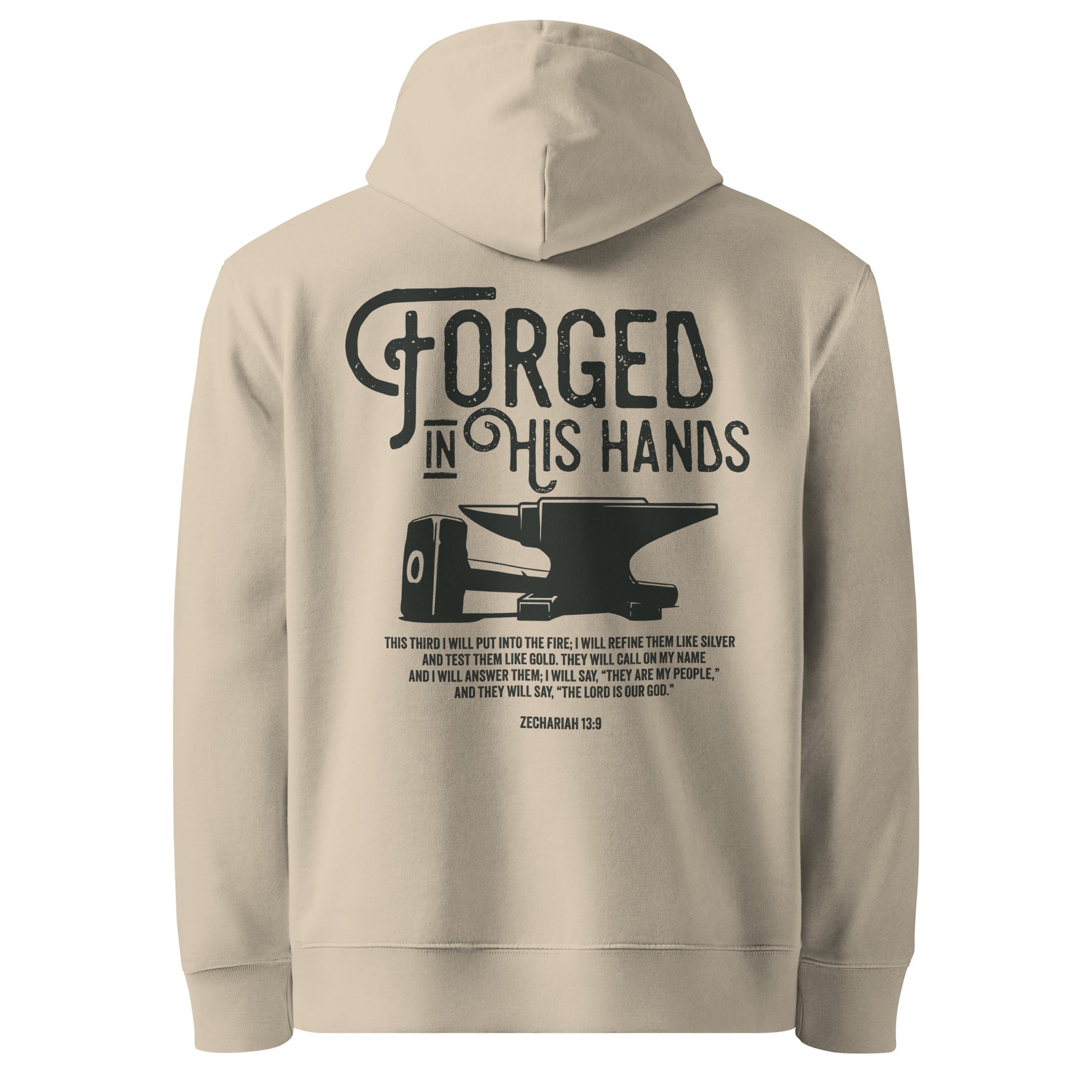 Forged in His Hands Christian hoodie desert dust back — Entrusted to Him