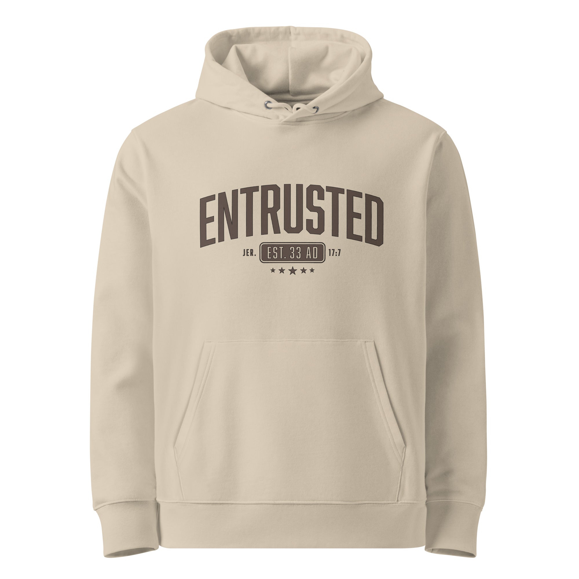 Image of Entrusted Est. 33AD Christian hoodie desert dust front view — Entrusted to Him