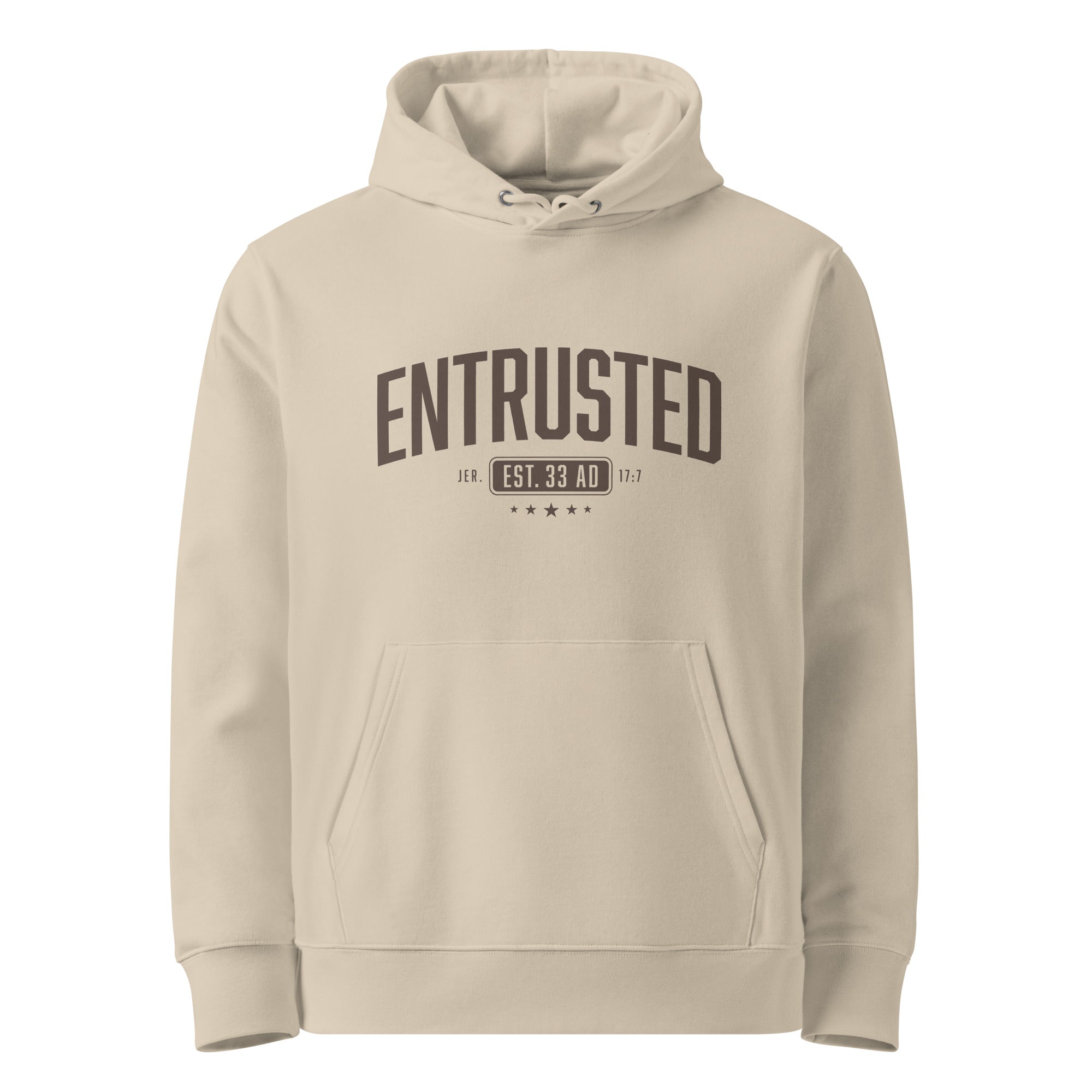 Image of Entrusted Est. 33AD Christian hoodie desert dust front lifestyle view — Entrusted to Him