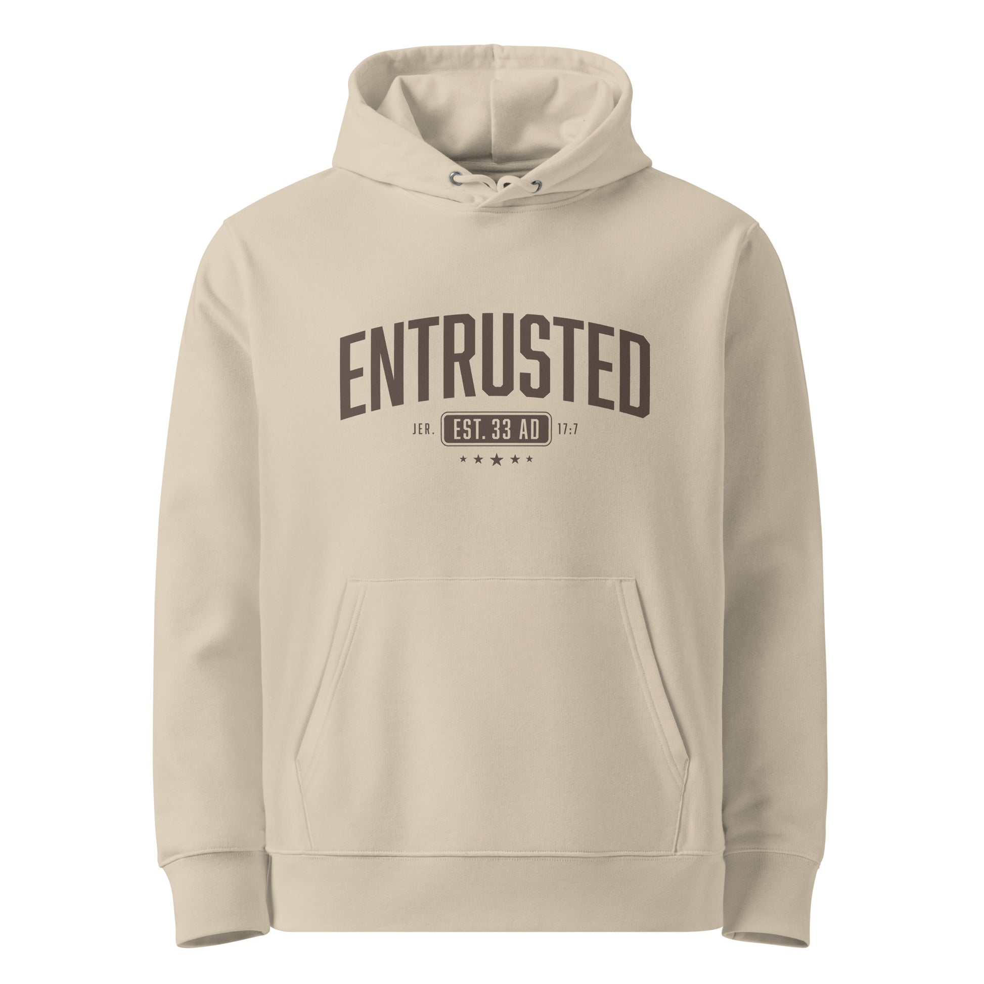 Entrusted Est. 33AD Christian hoodie desert dust front lifestyle view — Entrusted to Him