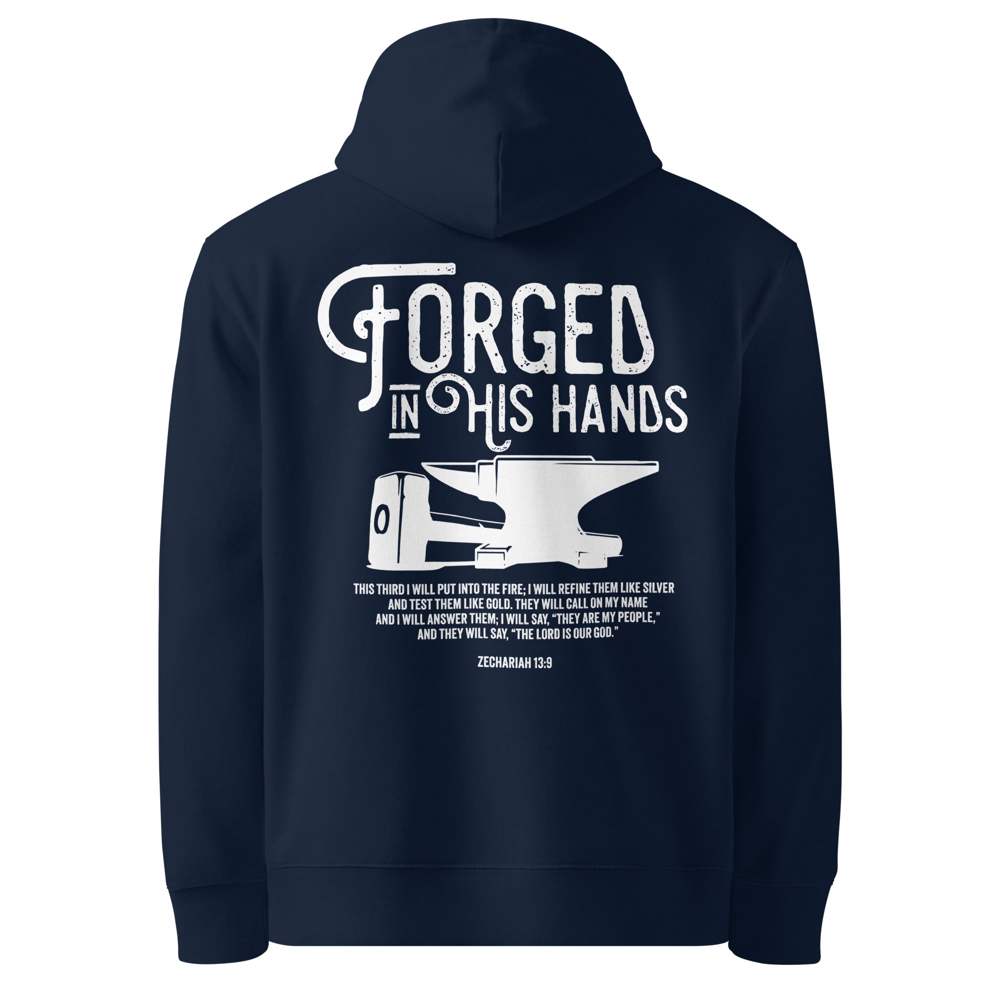 Image of Forged in His Hands Christian hoodie french navy back — Entrusted to Him