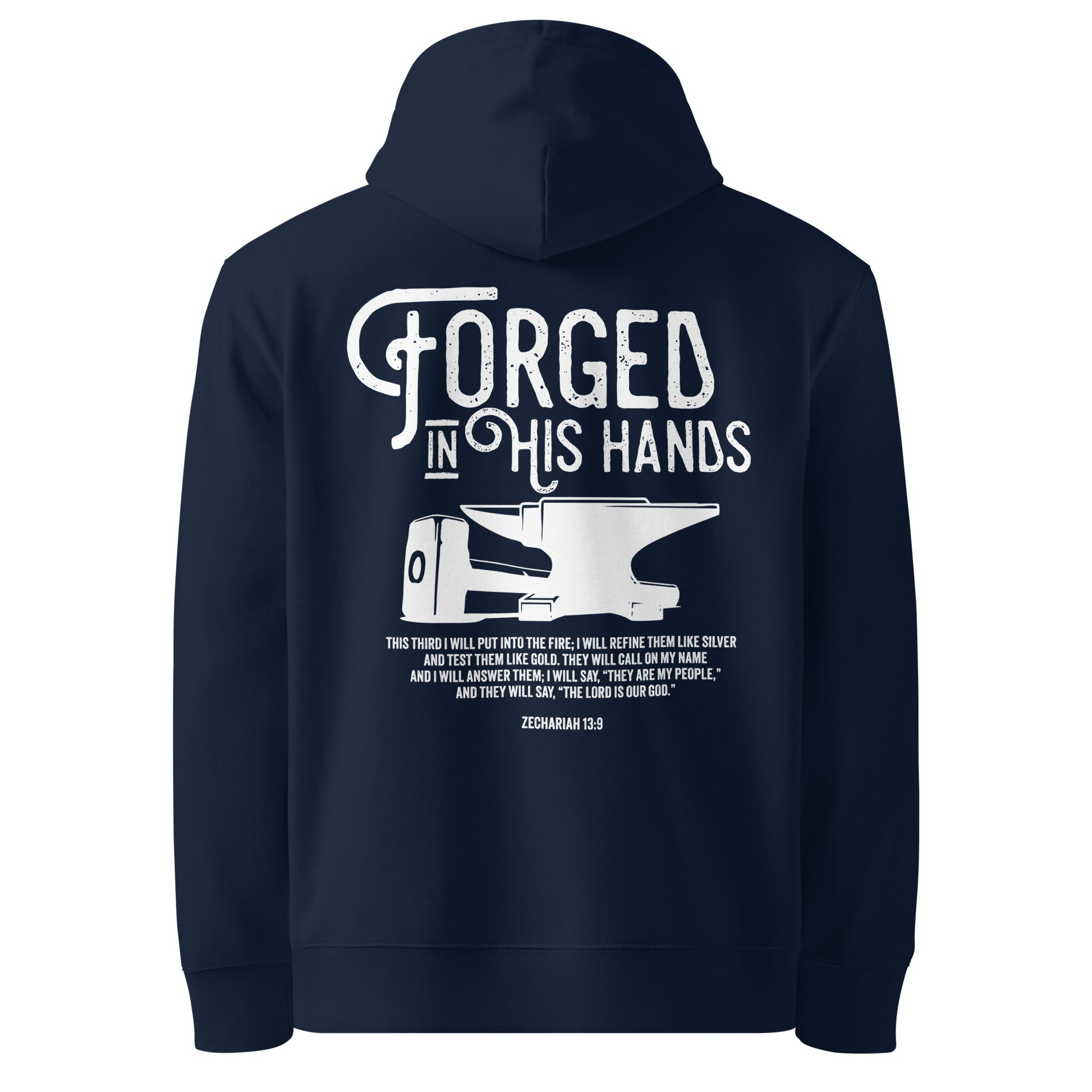 Forged in His Hands Christian hoodie french navy back — Entrusted to Him