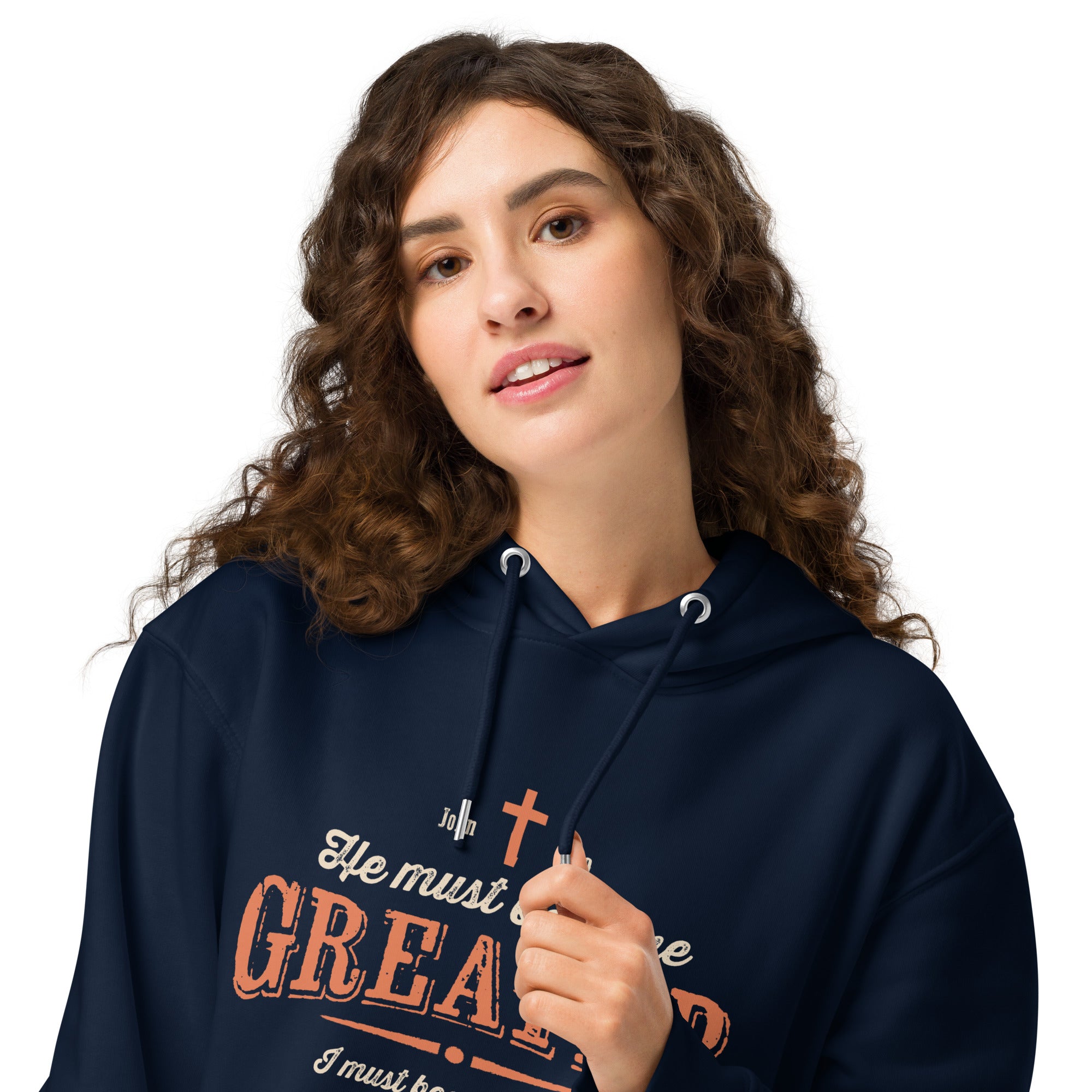 Image of Greater Christian hoodie John 3:30 french navy front lifestyle view — Entrusted to Him