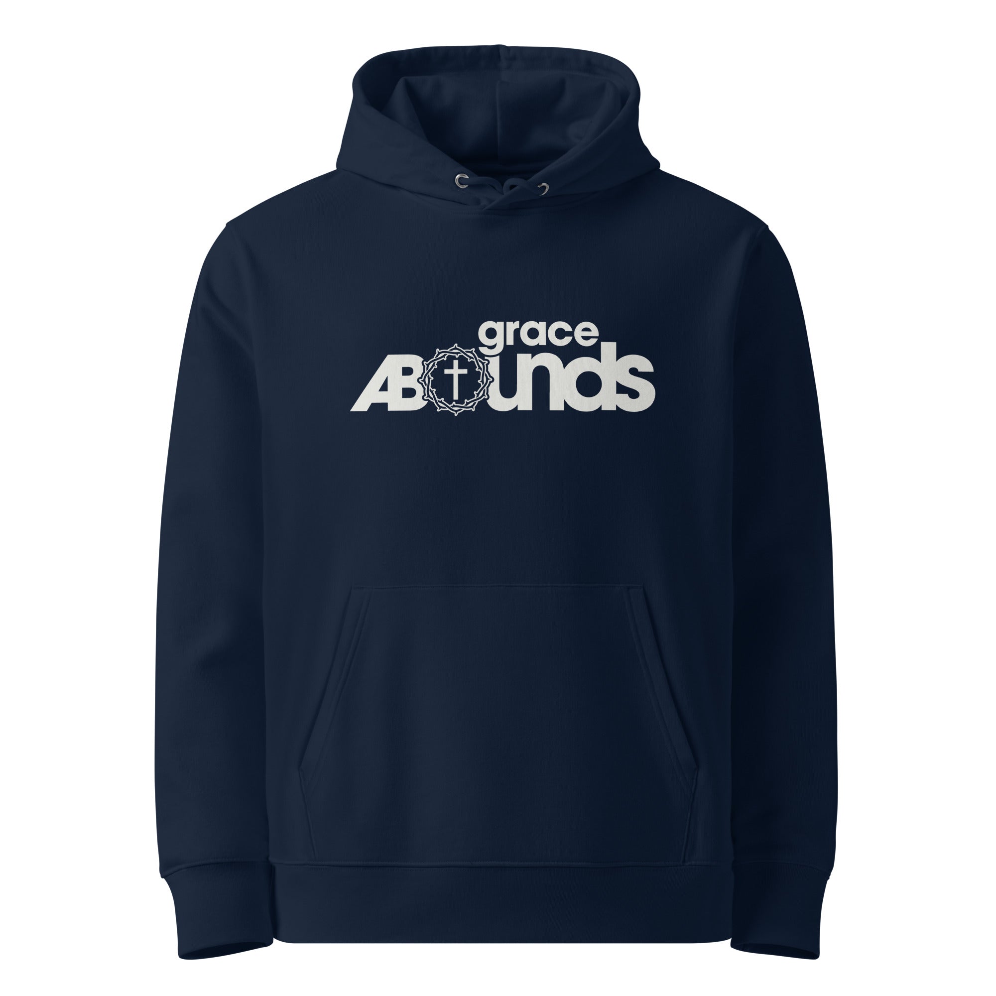 Image of Grace Abounds Christian hoodie french navy front view — Entrusted to Him