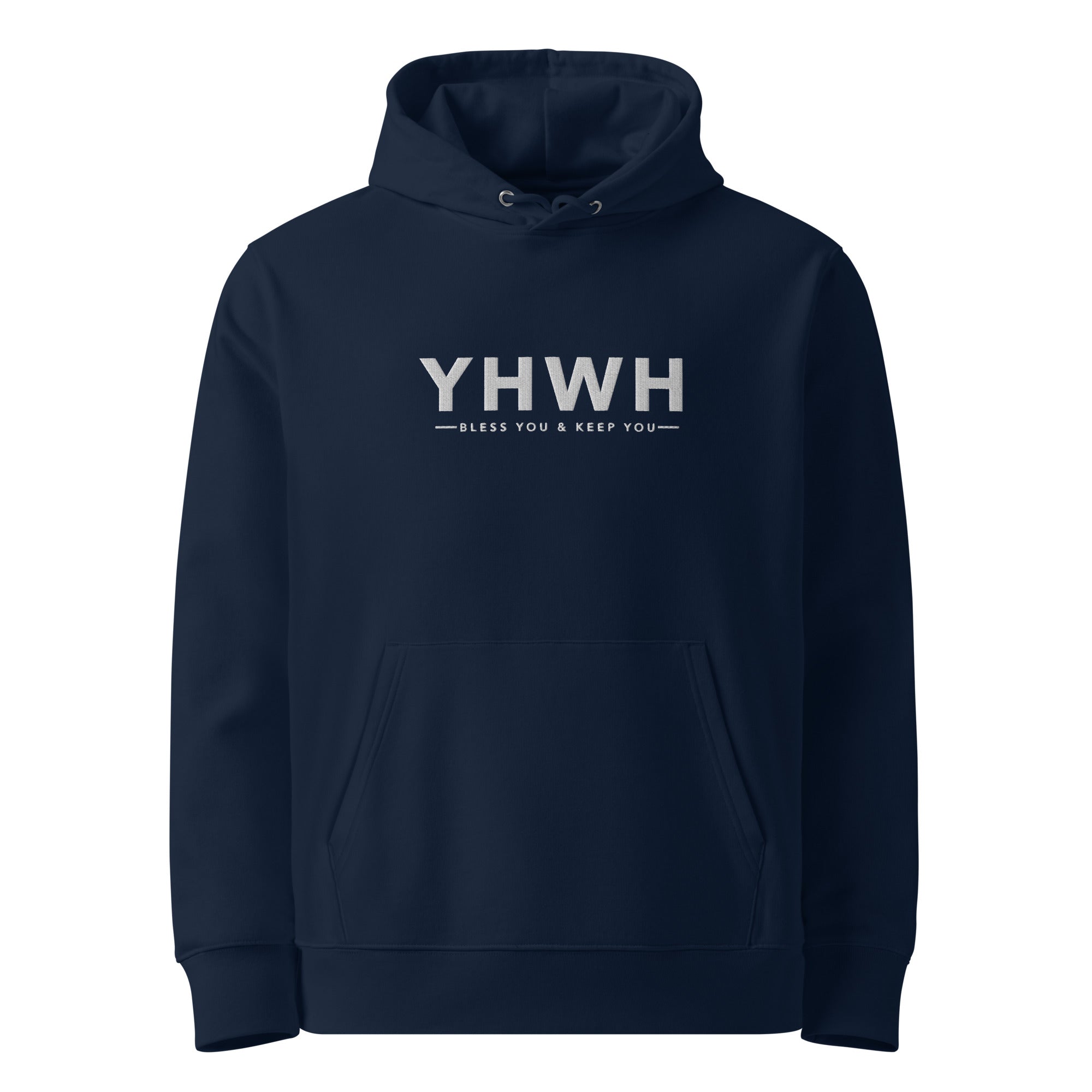 Image of YHWH Priestly Blessing Christian hoodie french navy front view — Entrusted to Him
