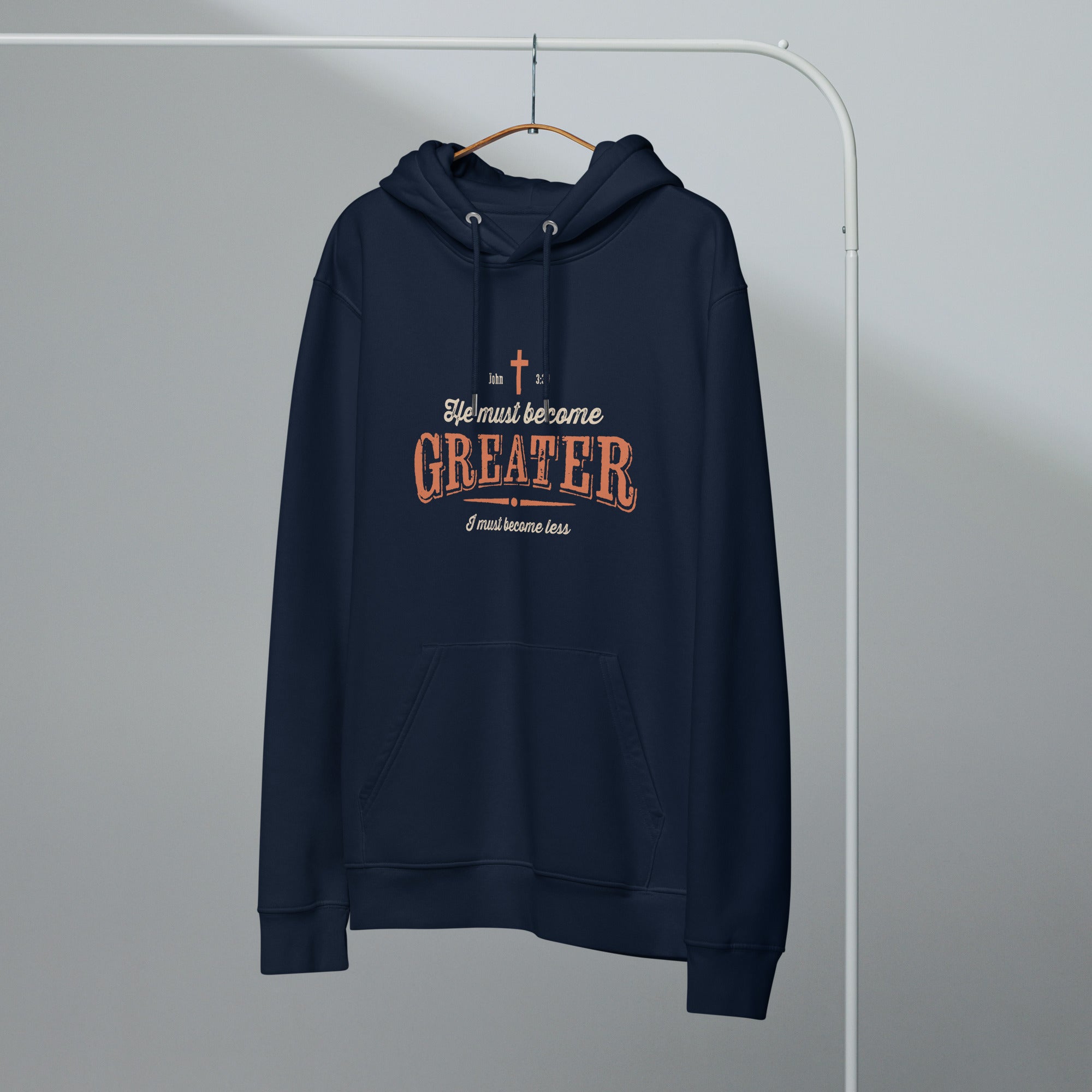 Image of Greater Christian hoodie John 3:30 french navy front close-up — Entrusted to Him