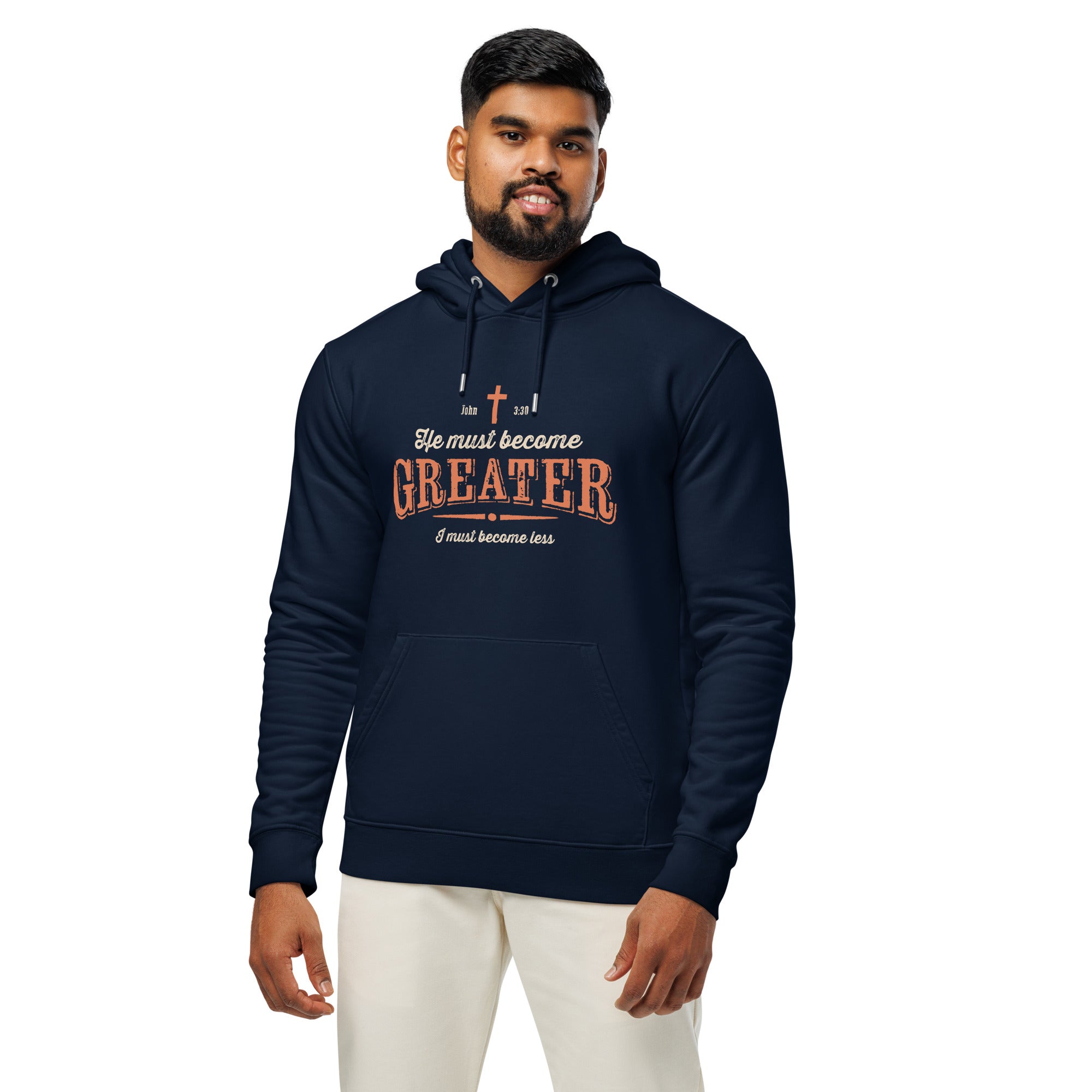Image of Greater Christian hoodie John 3:30 french navy front detail view — Entrusted to Him