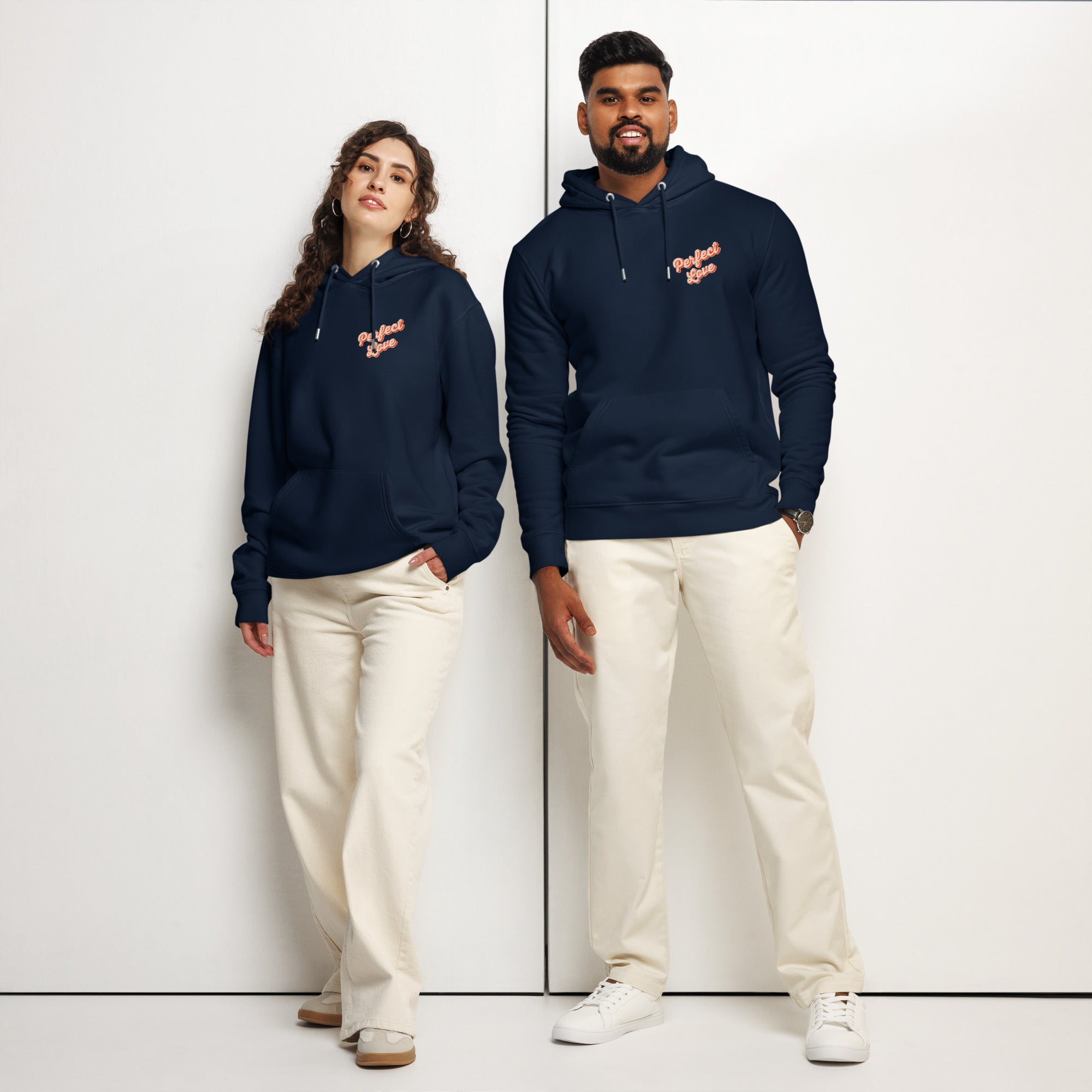 Image of Perfect Love Christian hoodie french navy front detail view — Entrusted to Him