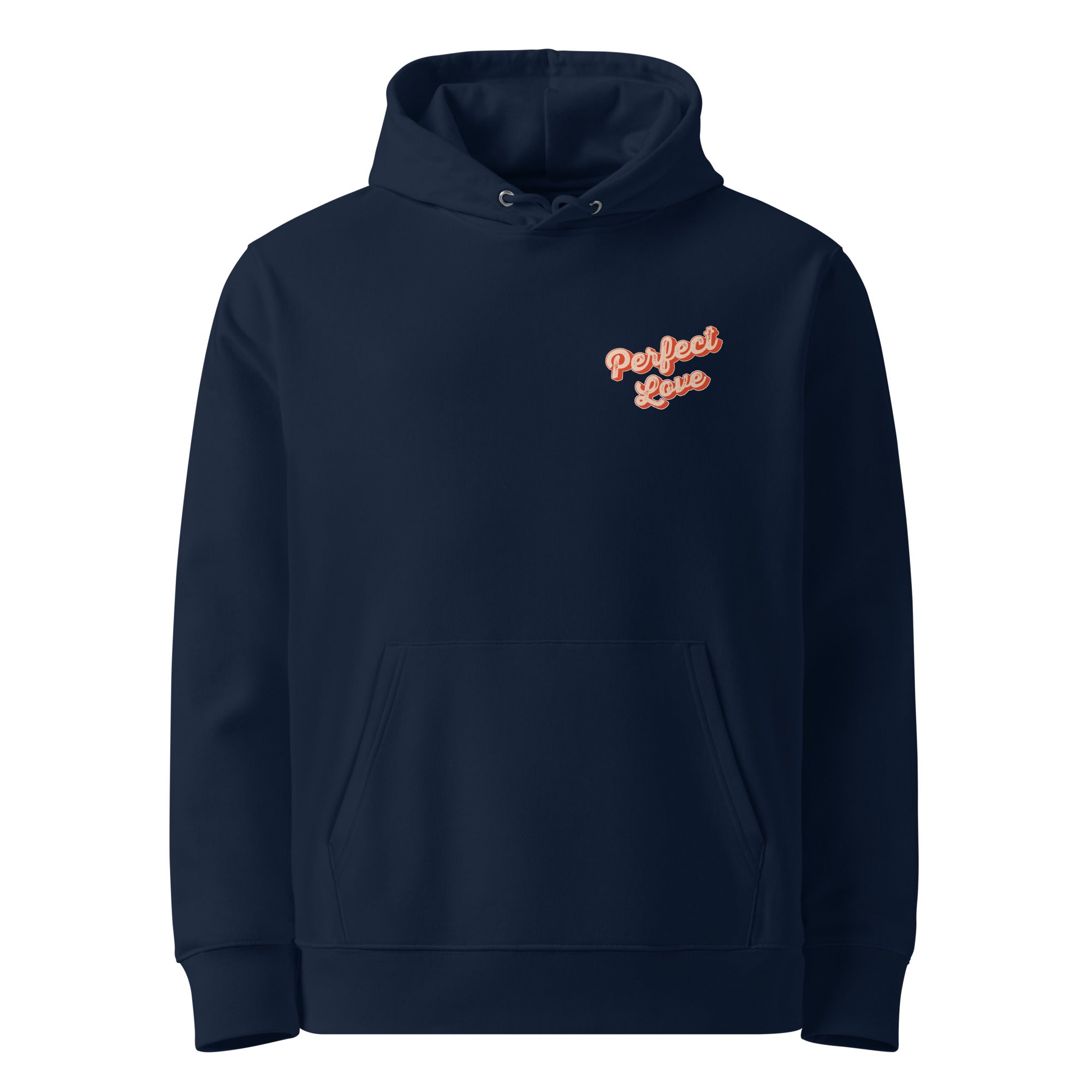 Image of Perfect Love Christian hoodie french navy front view — Entrusted to Him