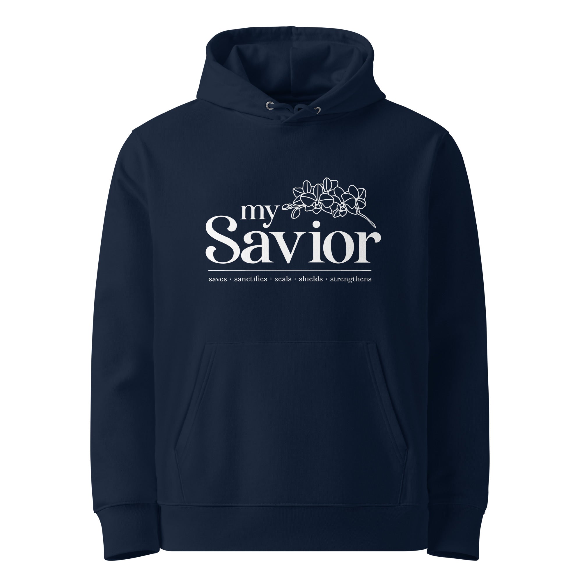 Image of My Savior women's Christian hoodie french navy front view — Entrusted to Him