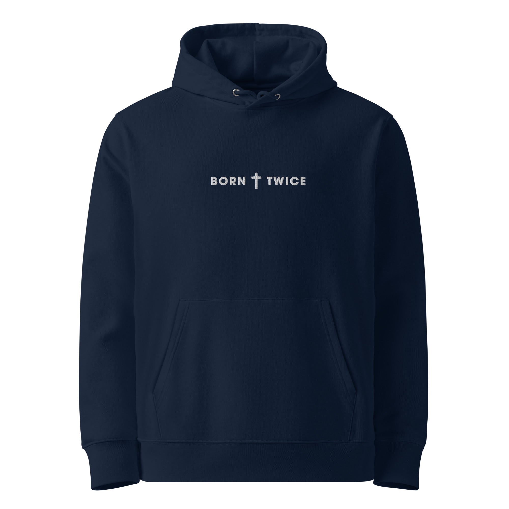 Image of Born Twice Christian hoodie french navy front view — Entrusted to Him